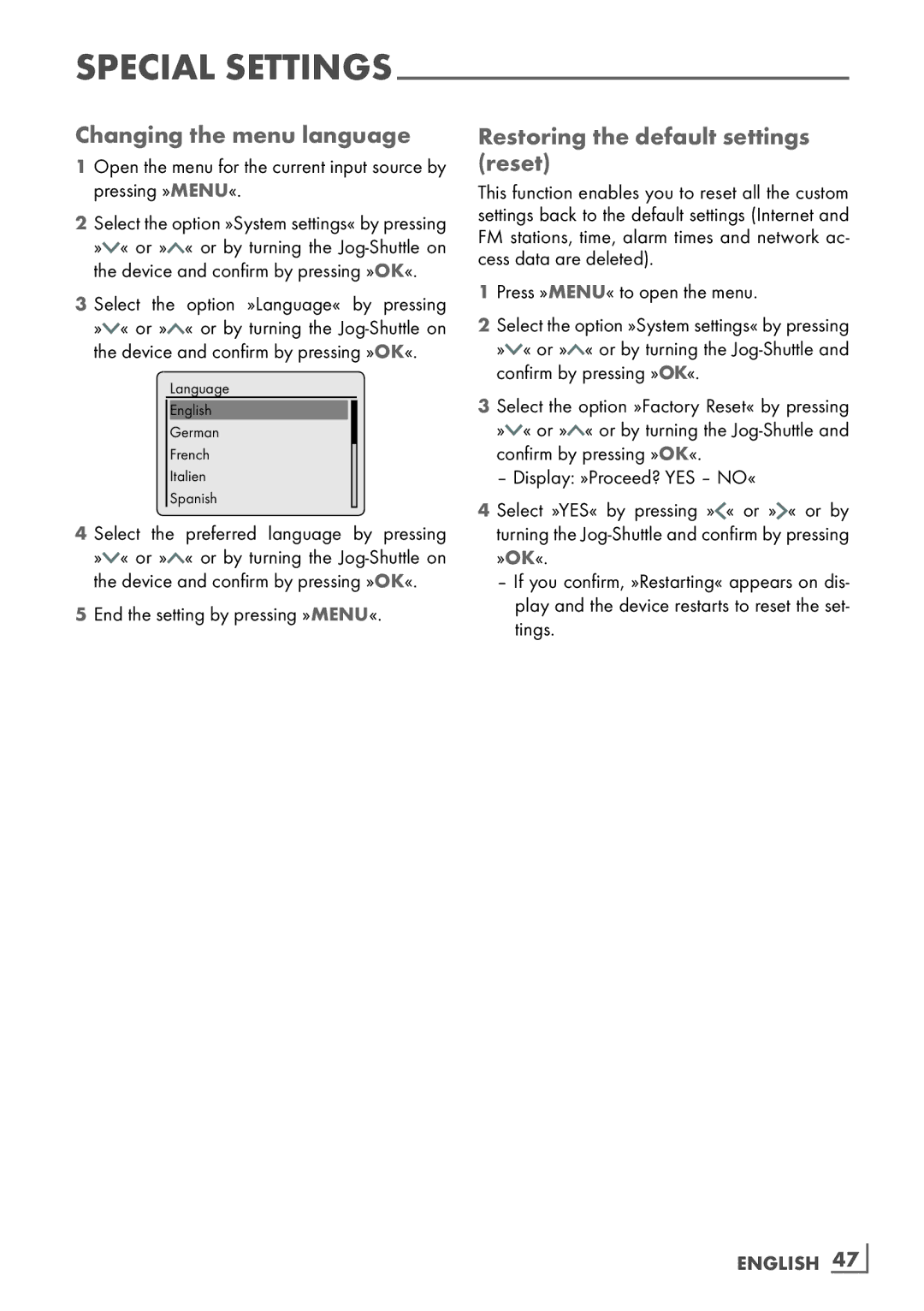 Grundig Cosmopolit 3F+ WEB iP manual Changing the menu language, Restoring the default settings reset, English 47­ 