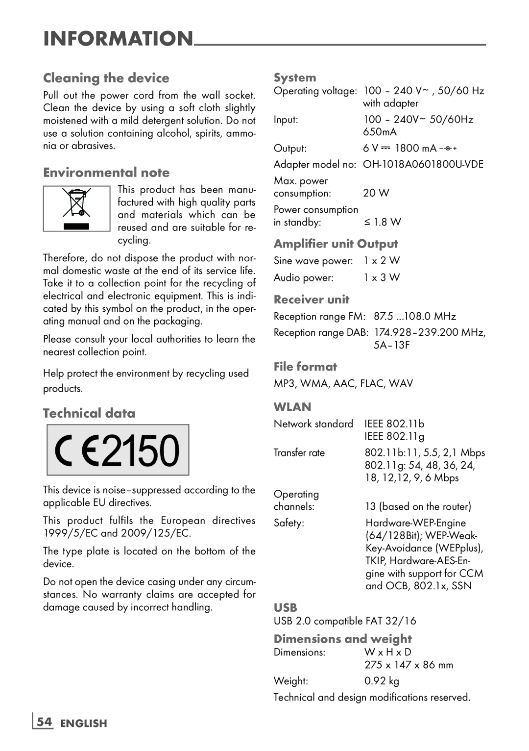 Grundig Cosmopolit 3F+ WEB iP manual Cleaning the device, Environmental note, Technical data 