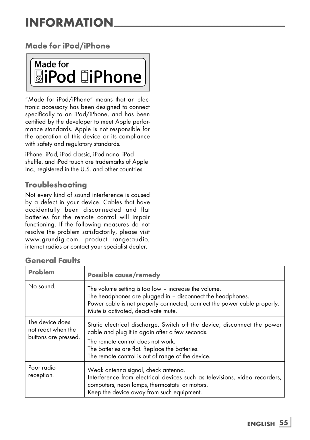 Grundig Cosmopolit 3F+ WEB iP manual Made for iPod/iPhone, Troubleshooting General Faults, Problem Possible cause/remedy 