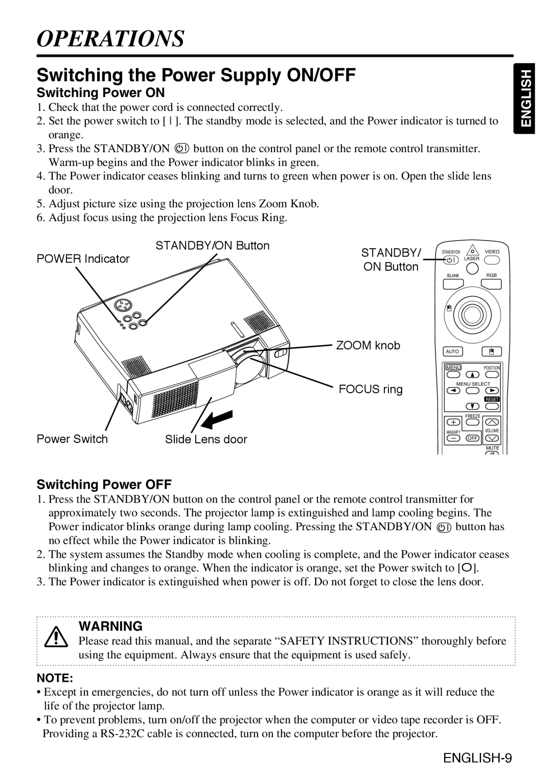 Grundig CP-731i user manual Operations, Switching the Power Supply ON/OFF, Switching Power on, Switching Power OFF, Standby 