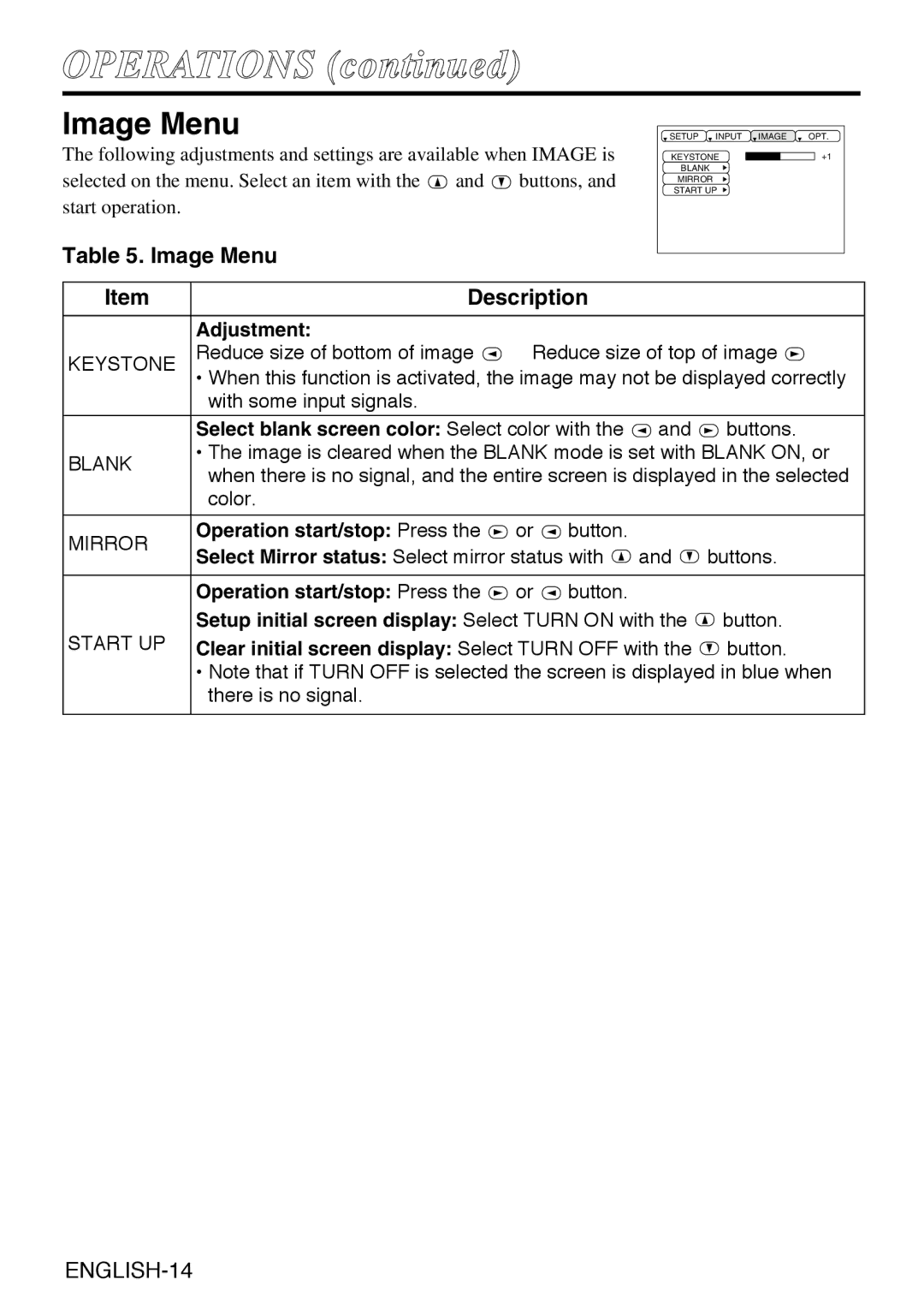 Grundig CP-731i user manual Image Menu, Adjustment, Operation start/stop Press the or button 