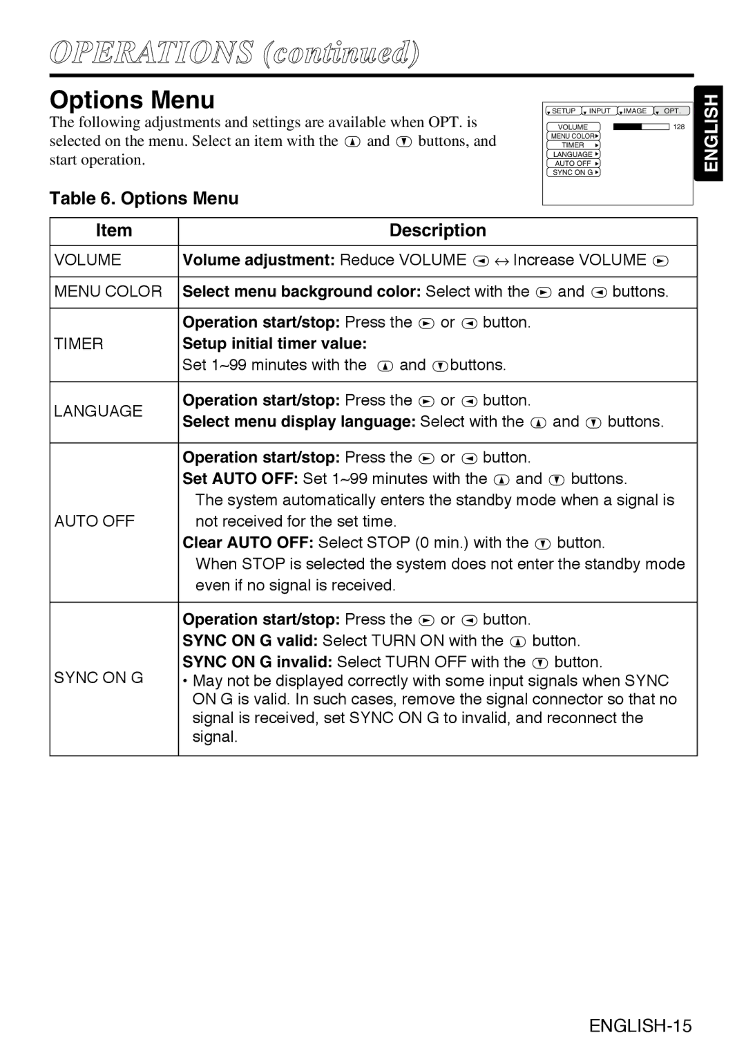 Grundig CP-731i user manual Options Menu, Operation start/stop Press, Setup initial timer value 