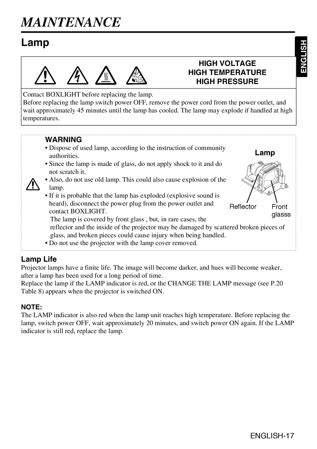 Grundig CP-731i user manual Maintenance, Lamp Life, Reflector Front 