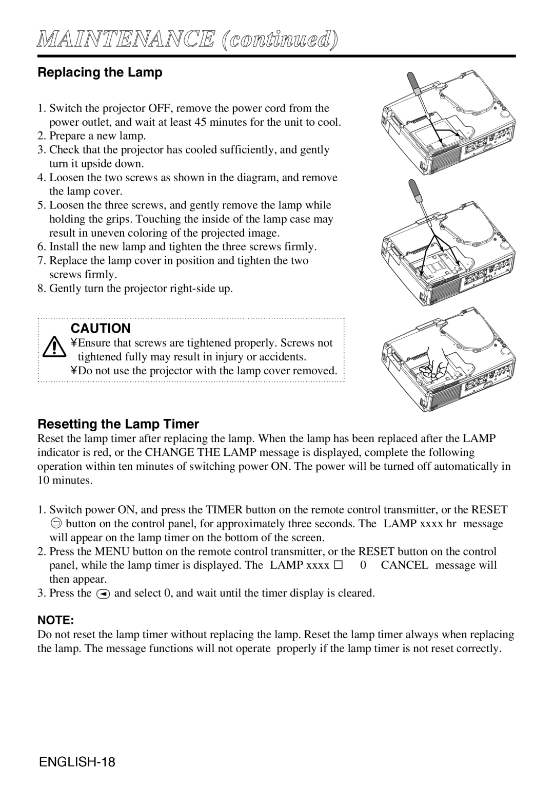 Grundig CP-731i user manual Maintenance, Replacing the Lamp, Resetting the Lamp Timer 