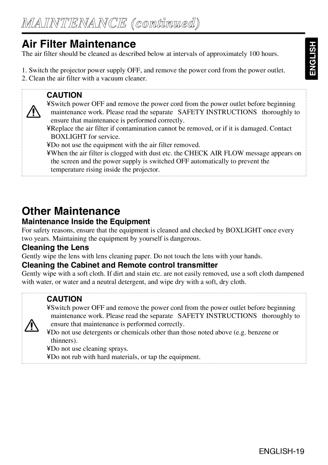 Grundig CP-731i user manual Air Filter Maintenance, Other Maintenance, Maintenance Inside the Equipment, Cleaning the Lens 