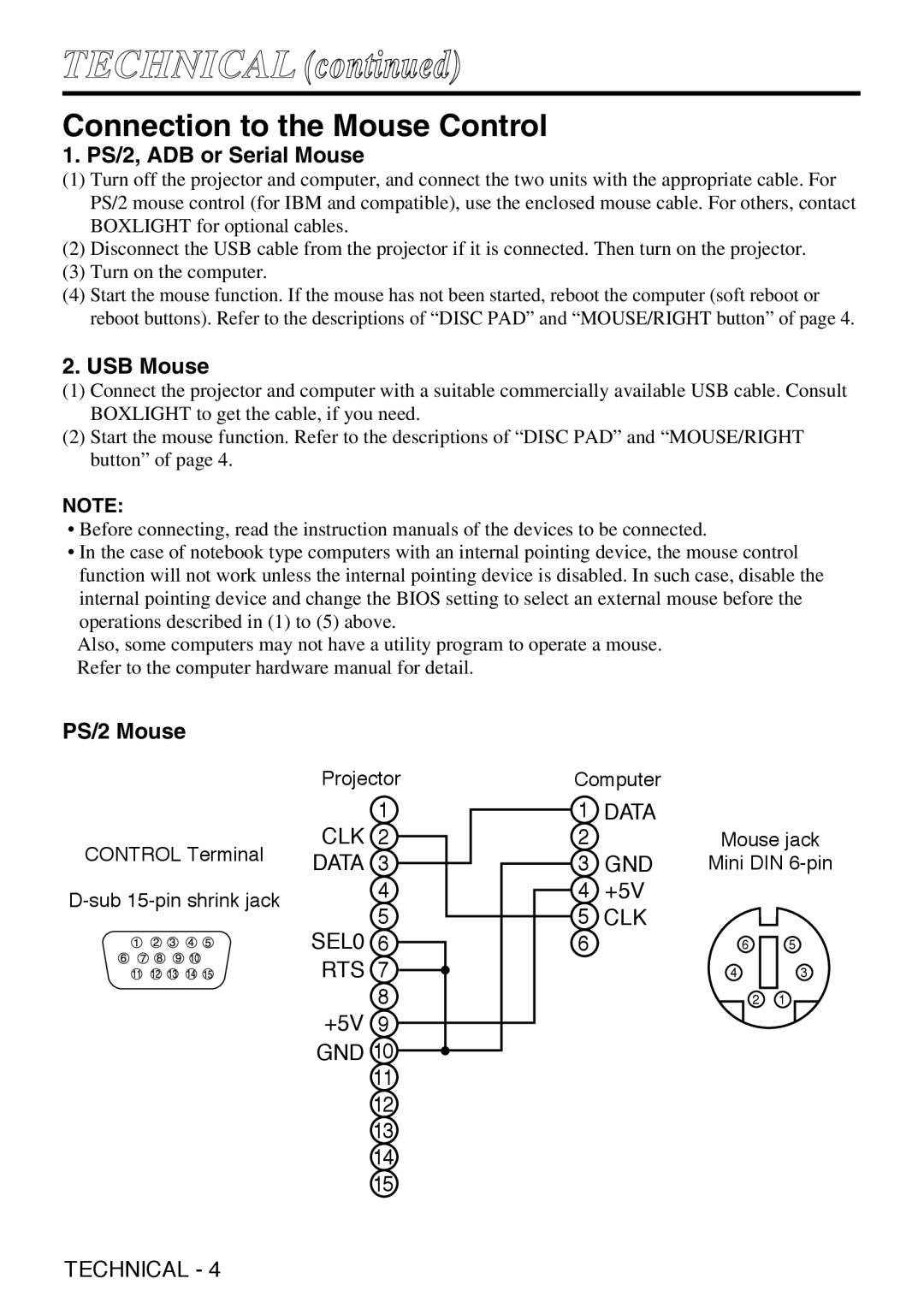 Grundig CP-731i user manual Connection to the Mouse Control, PS/2, ADB or Serial Mouse, USB Mouse, PS/2 Mouse 