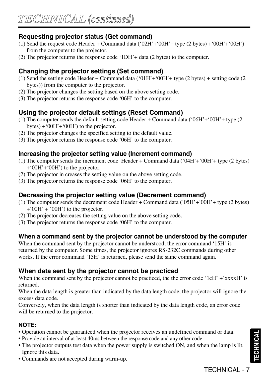 Grundig CP-731i user manual Requesting projector status Get command, Changing the projector settings Set command 