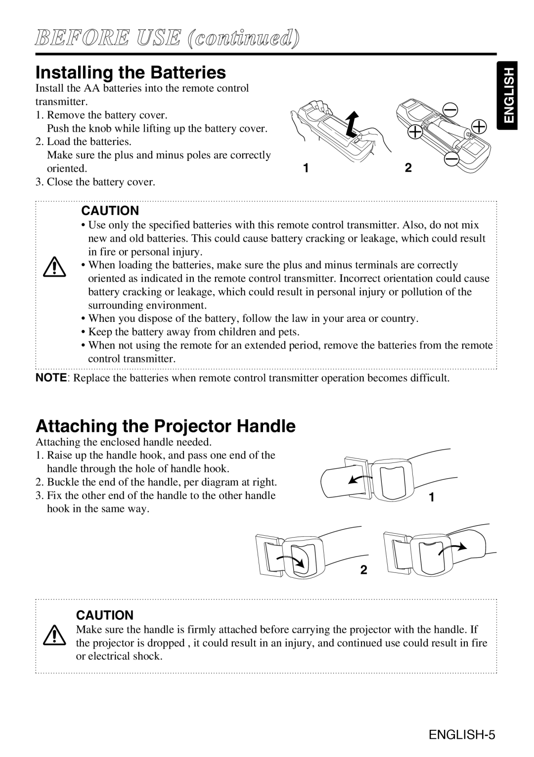 Grundig CP-731i user manual Installing the Batteries, Attaching the Projector Handle 