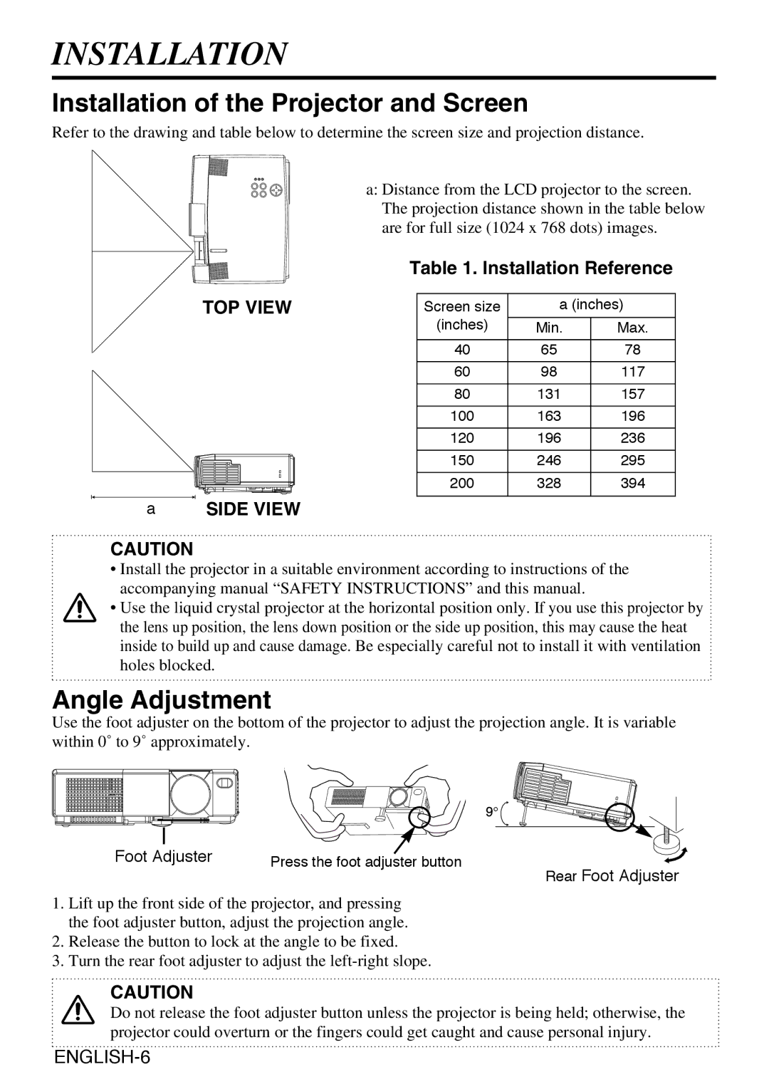 Grundig CP-731i Installation of the Projector and Screen, Angle Adjustment, Side View, Installation Reference 