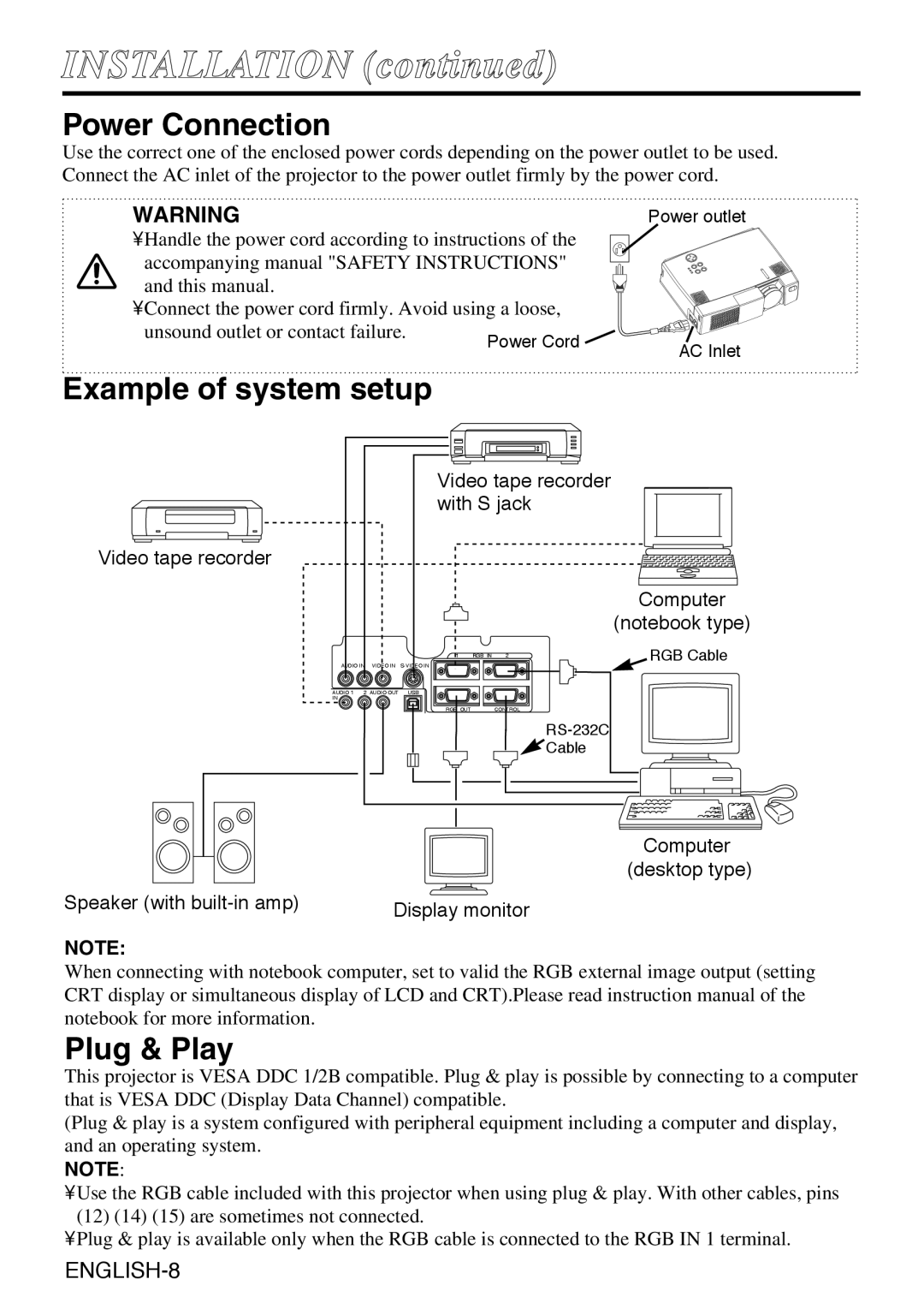 Grundig CP-731i user manual Power Connection, Example of system setup, Plug & Play, Video tape recorder With S jack 