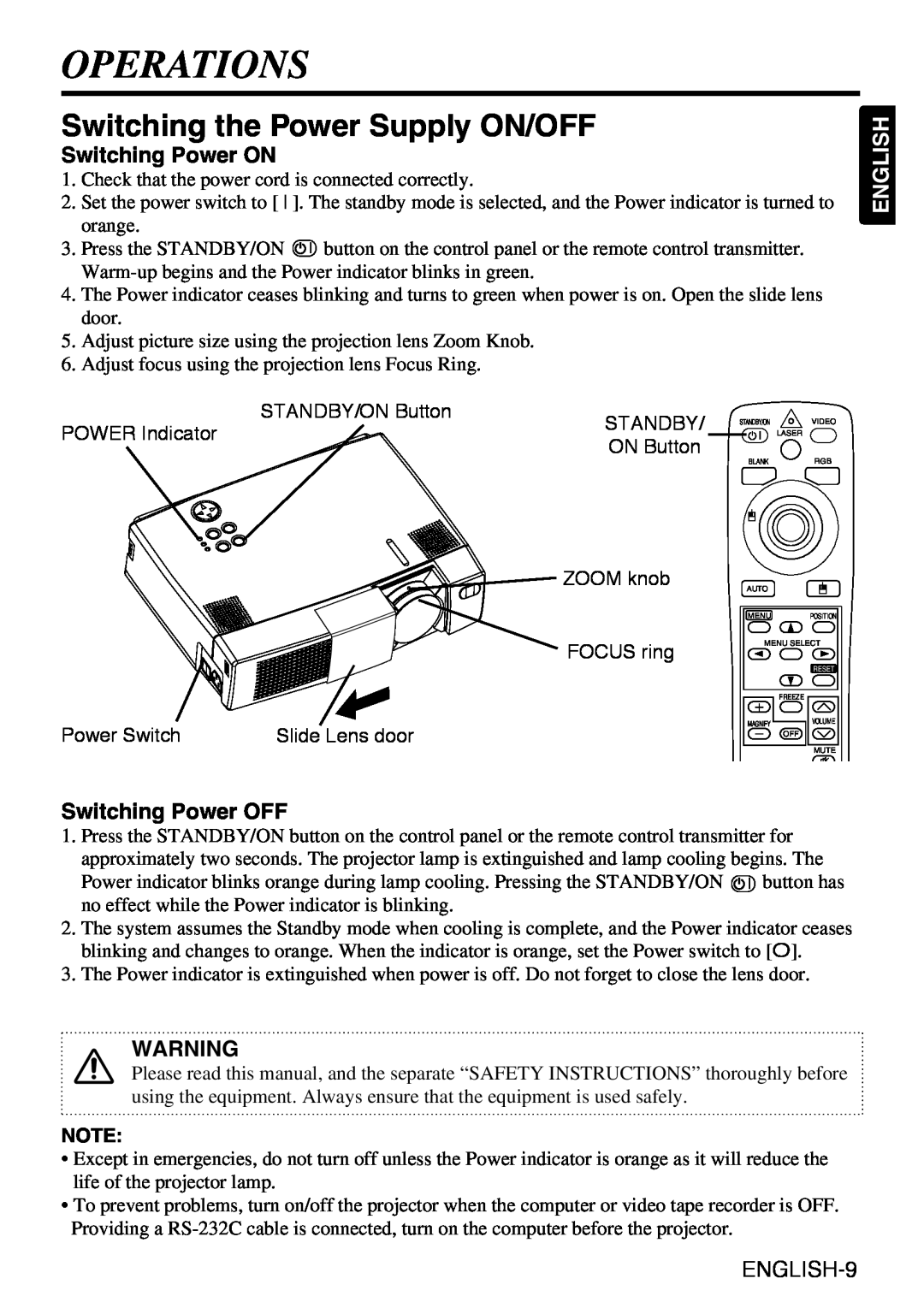 Grundig CP-731i user manual Operations, Switching the Power Supply ON/OFF, Switching Power ON, Switching Power OFF, English 