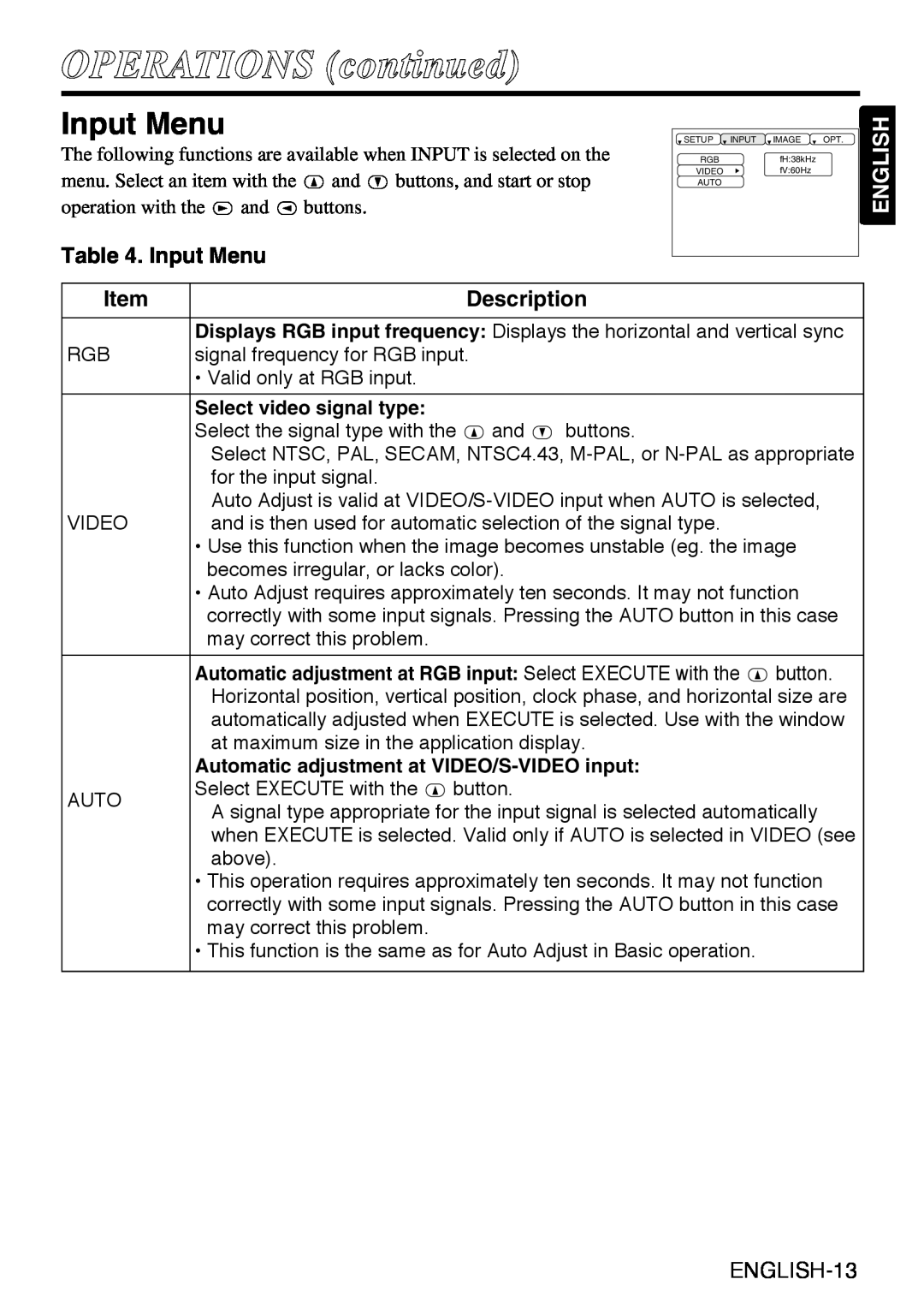 Grundig CP-731i user manual Input Menu, OPERATIONS continued, English, Description, Select video signal type 