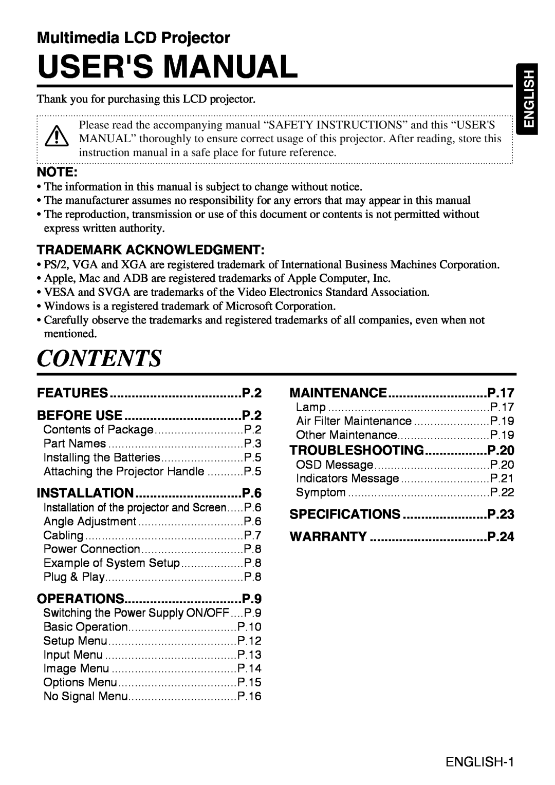 Grundig CP-731i Users Manual, Contents, Trademark Acknowledgment, English, P.17, Troubleshooting, P.23, P.24, Features 