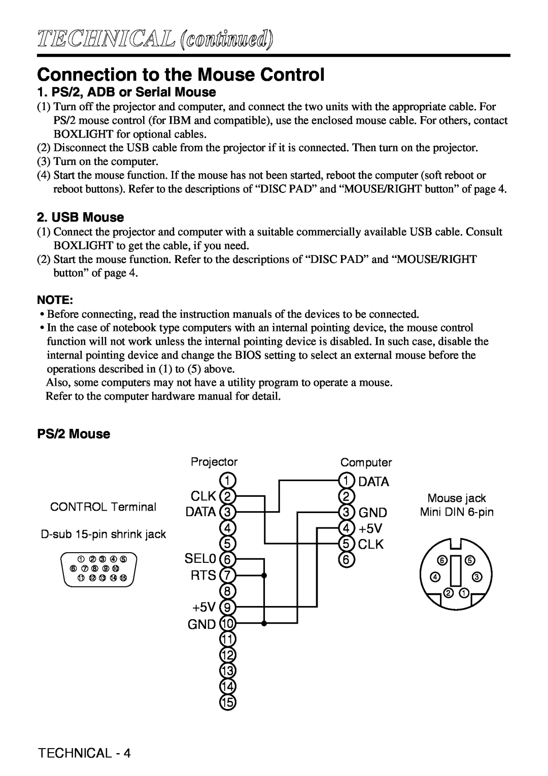 Grundig CP-731i Connection to the Mouse Control, 1. PS/2, ADB or Serial Mouse, USB Mouse, PS/2 Mouse, TECHNICAL continued 