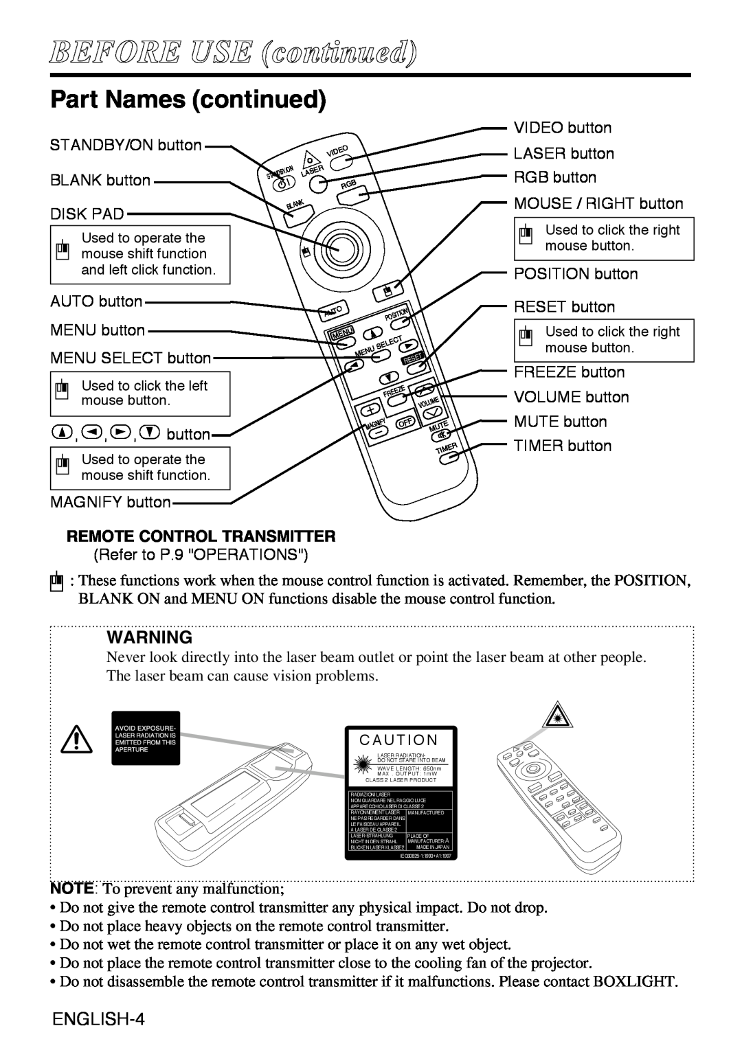Grundig CP-731i user manual Part Names continued, BEFORE USE continued, ENGLISH-4, Remote Control Transmitter 