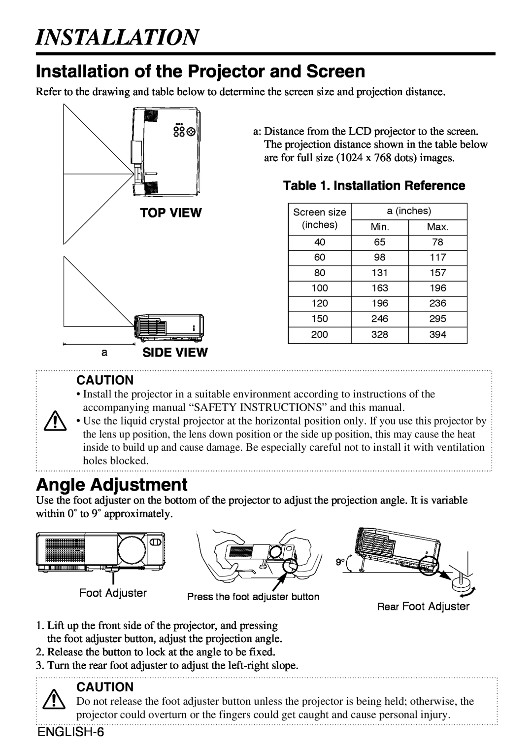 Grundig CP-731i user manual Installation of the Projector and Screen, Angle Adjustment, TOP VIEW a SIDE VIEW 