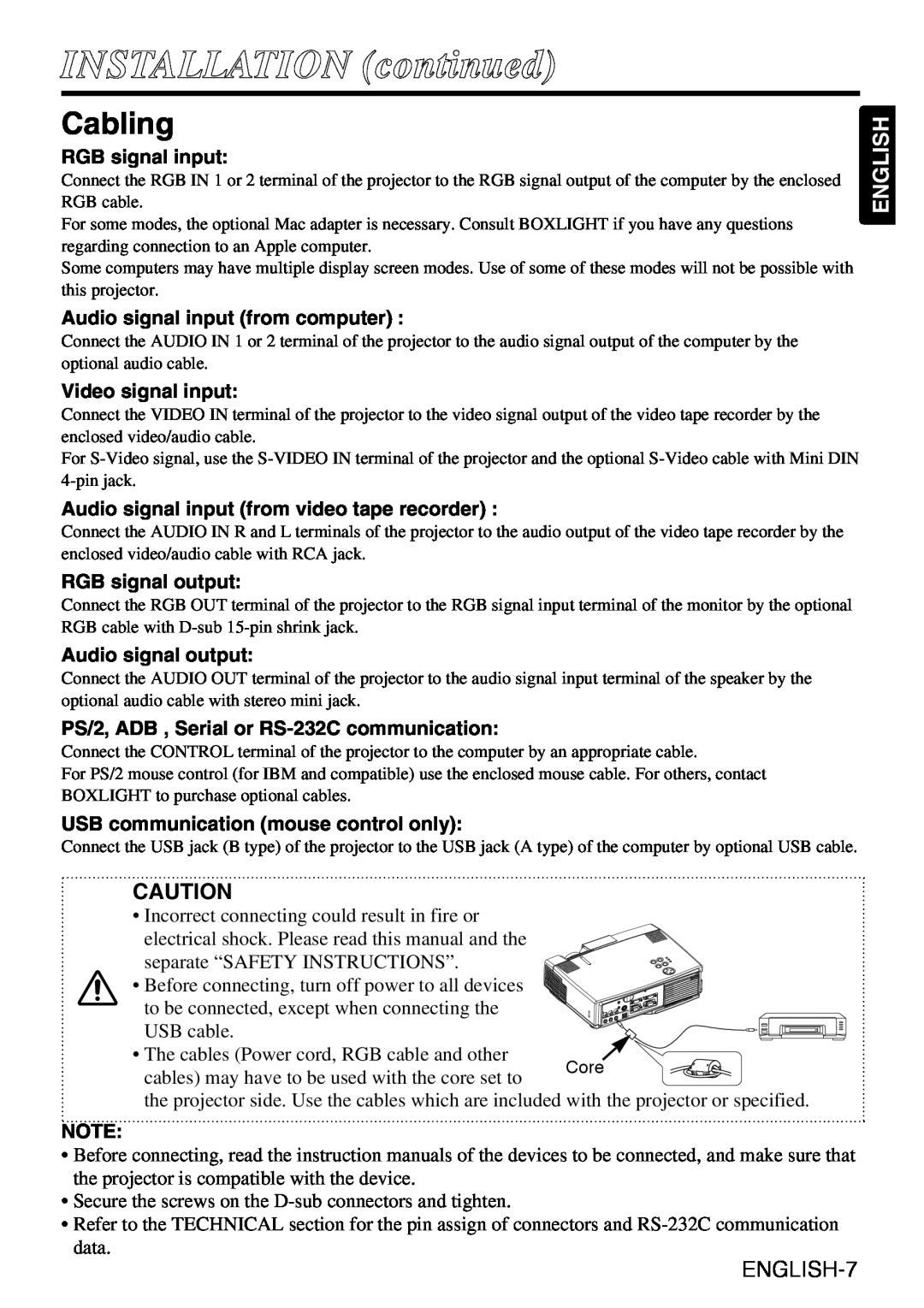 Grundig CP-731i user manual INSTALLATION continued, Cabling, English, RGB signal input, Audio signal input from computer 