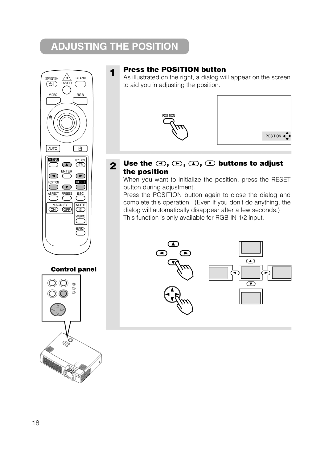 Grundig CP-X385W user manual Adjusting the Position, Press the Position button, Use Buttons to adjust Position 