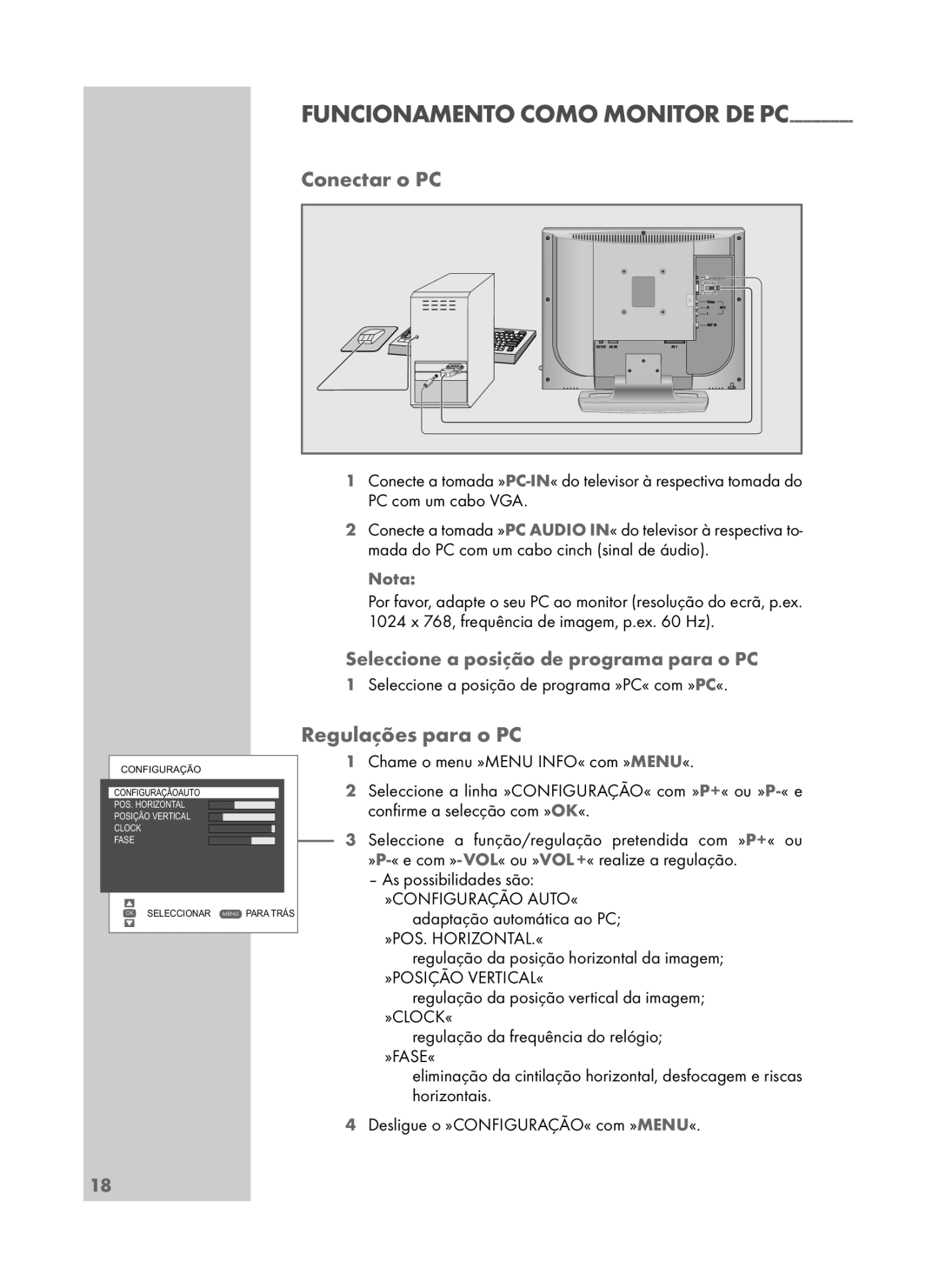 Grundig DAVIO 15-5710 manual Conectar o PC, Regulações para o PC, Seleccione a posição de programa para o PC 