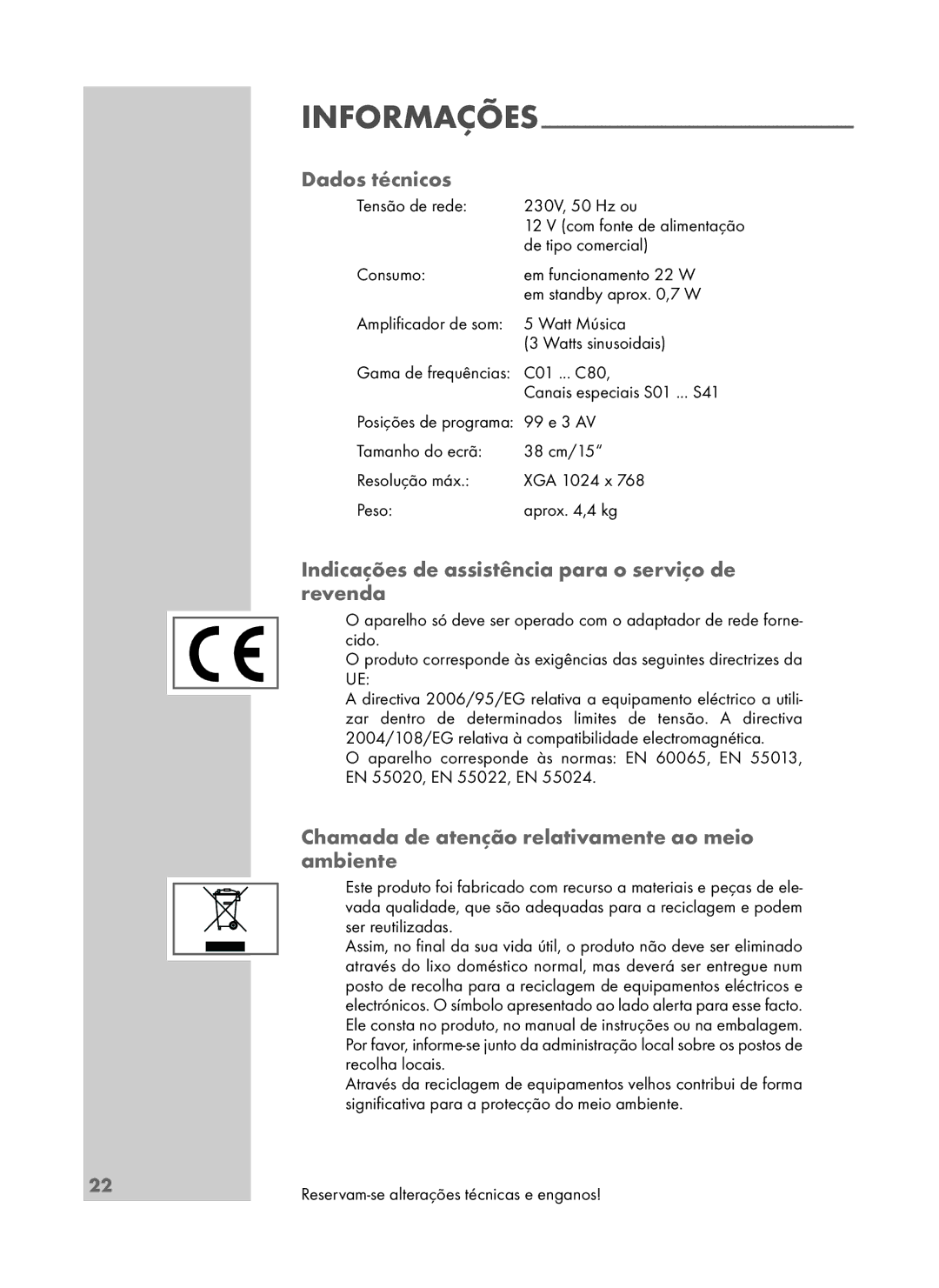 Grundig DAVIO 15-5710 manual Dados técnicos, Indicações de assistência para o serviço de revenda 