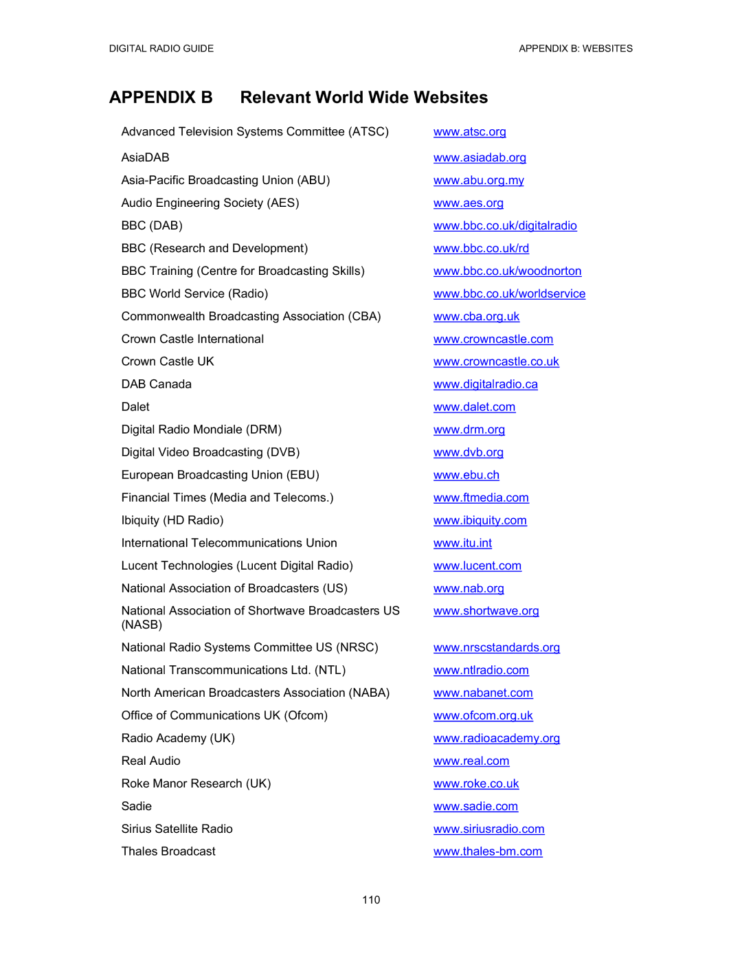 Grundig Digital Radio manual Appendix B Relevant World Wide Websites, Bbc Dab, Nasb 