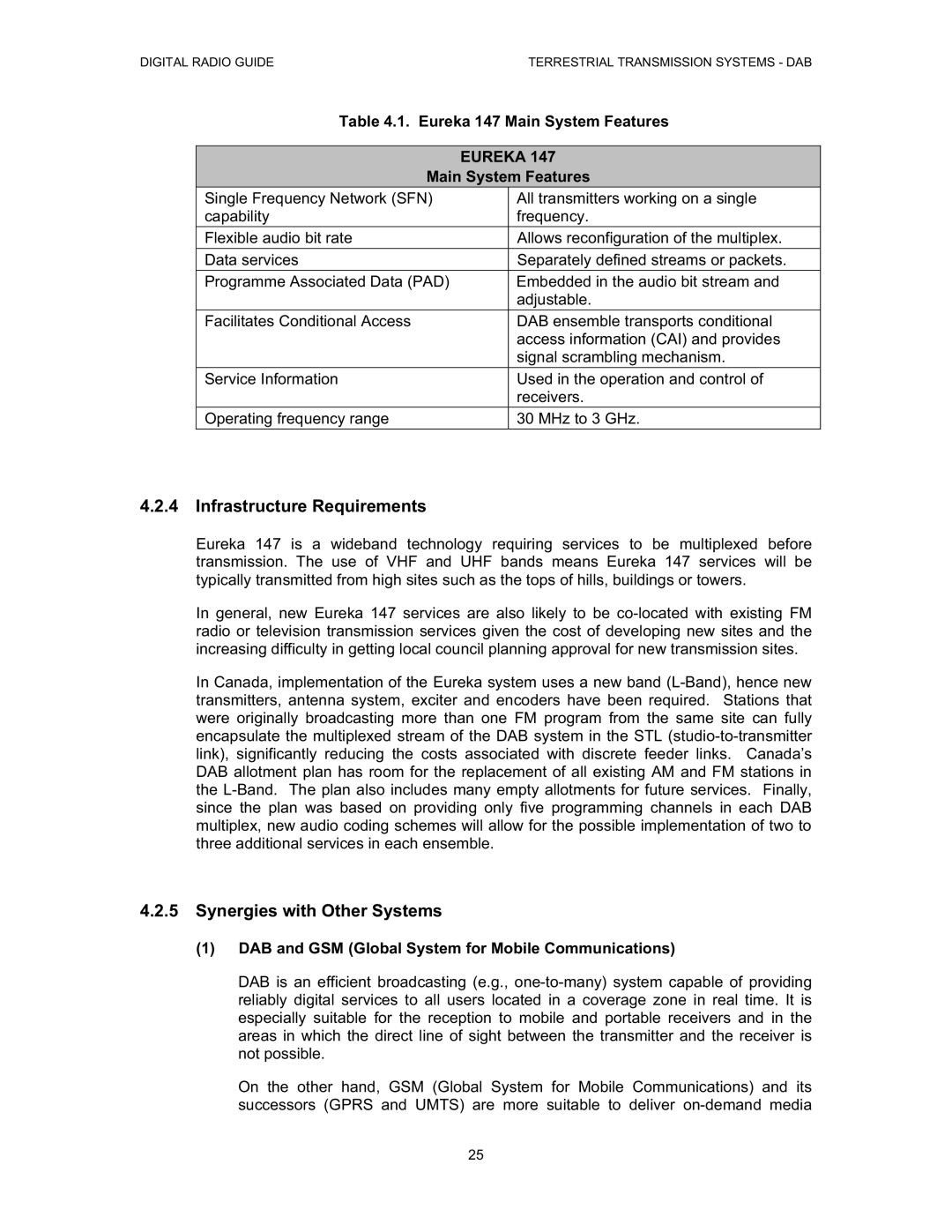 Grundig Digital Radio manual Infrastructure Requirements, Synergies with Other Systems, Eureka 147 Main System Features 