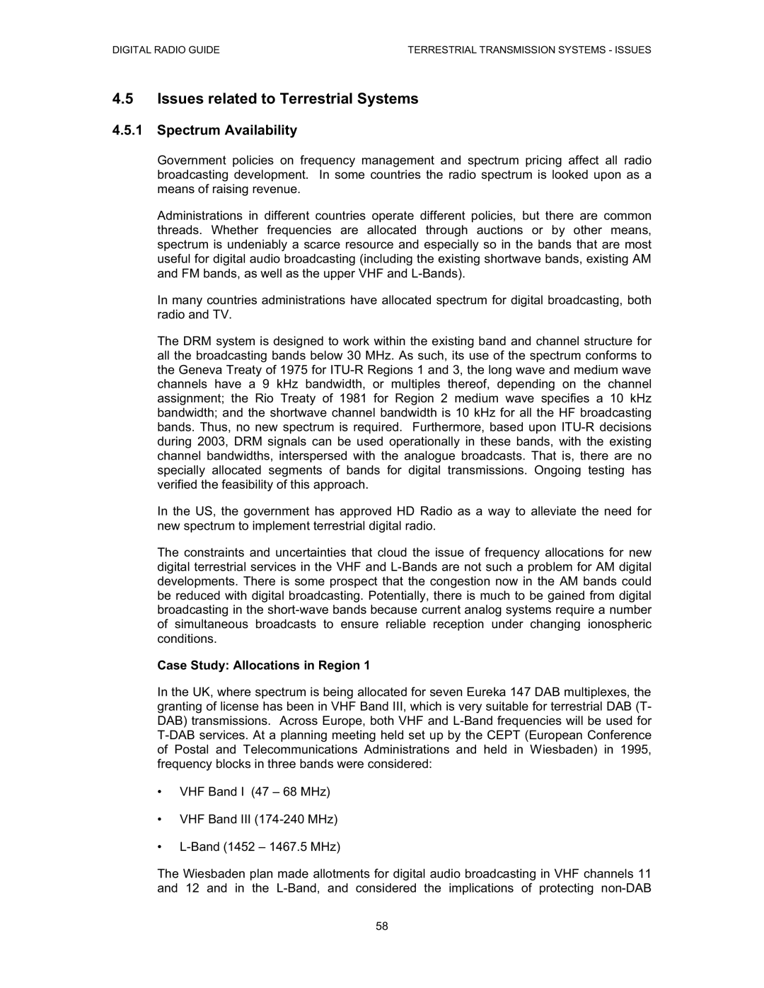 Grundig Digital Radio manual Issues related to Terrestrial Systems, Spectrum Availability, Case Study Allocations in Region 