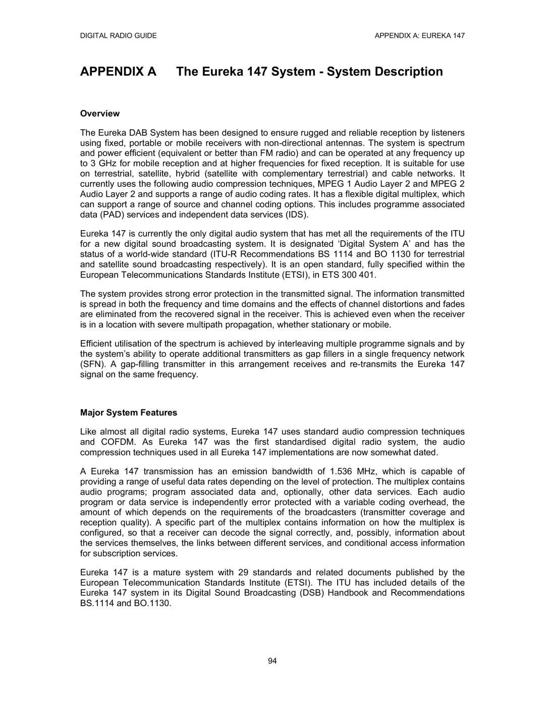 Grundig Digital Radio manual Appendix a The Eureka 147 System System Description, Overview, Major System Features 