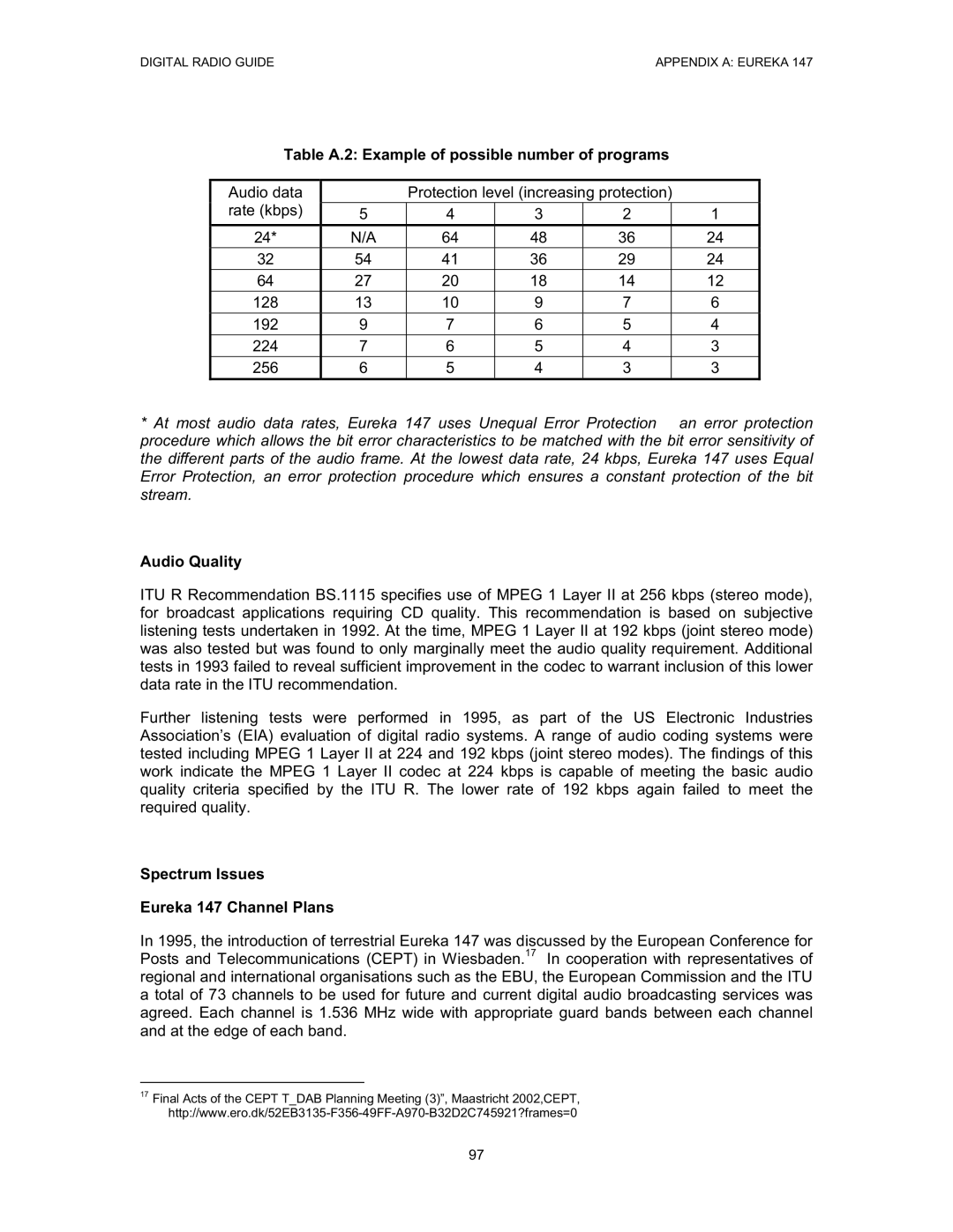 Grundig Digital Radio manual Table A.2 Example of possible number of programs, Audio Quality 