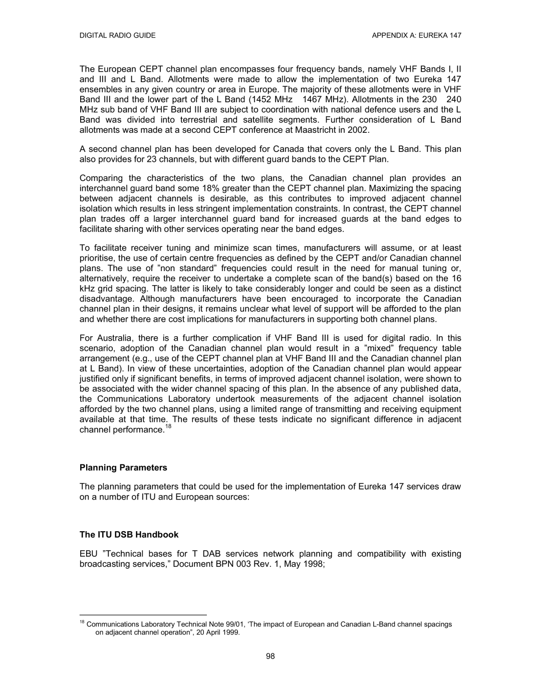 Grundig Digital Radio manual Planning Parameters, ITU DSB Handbook 