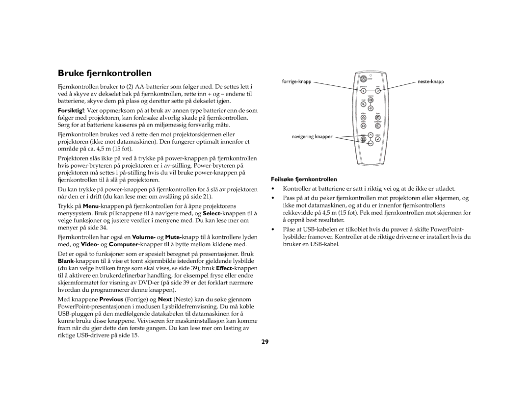 Grundig DLPTM Projector manual Bruke fjernkontrollen, Feilsøke fjernkontrollen 