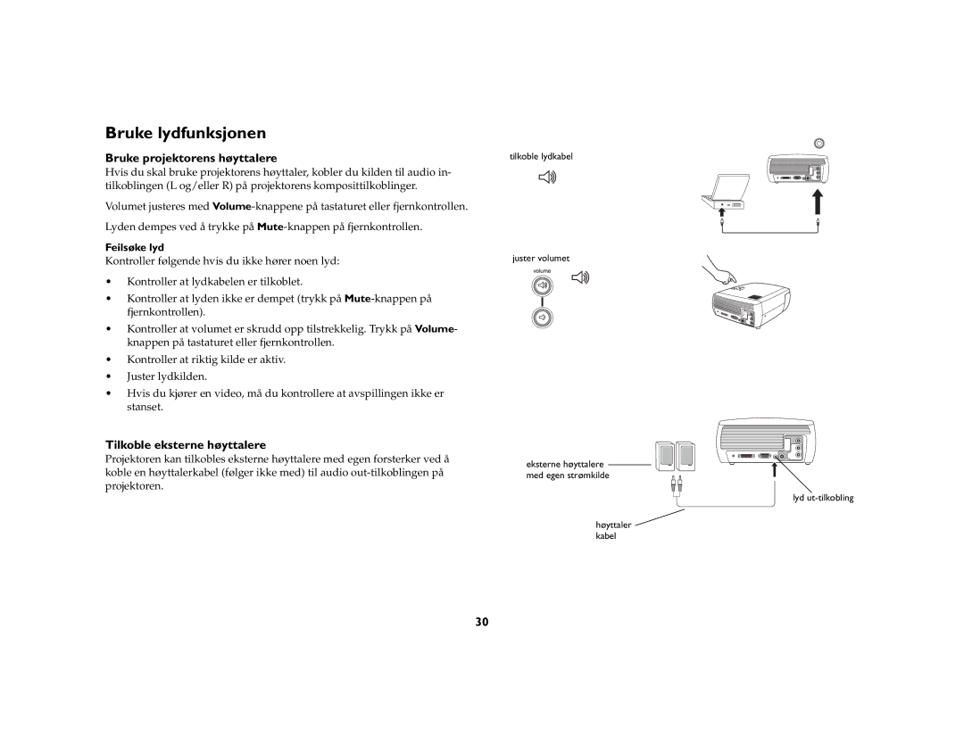 Grundig DLPTM Projector Bruke lydfunksjonen, Bruke projektorens høyttalere, Tilkoble eksterne høyttalere, Feilsøke lyd 