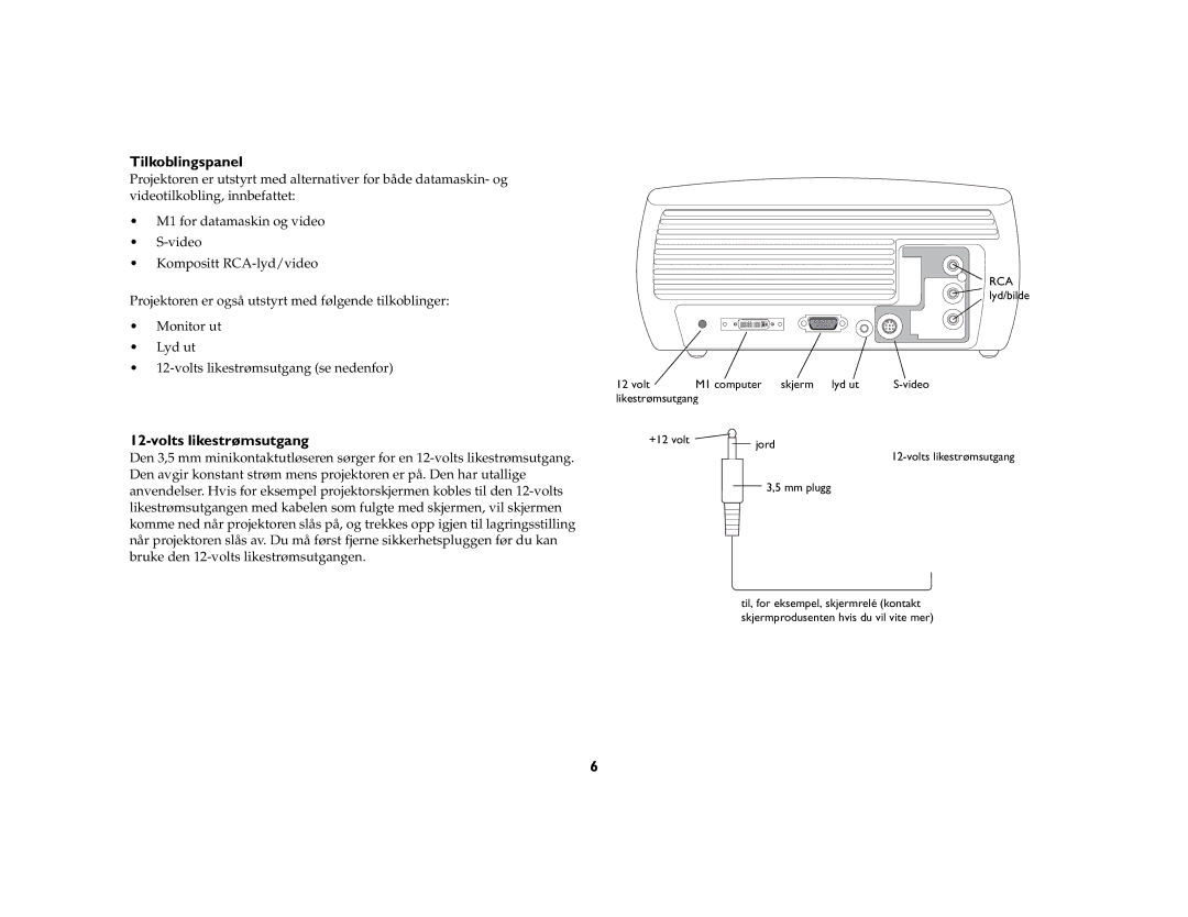 Grundig DLPTM Projector manual Tilkoblingspanel, Volts likestrømsutgang 