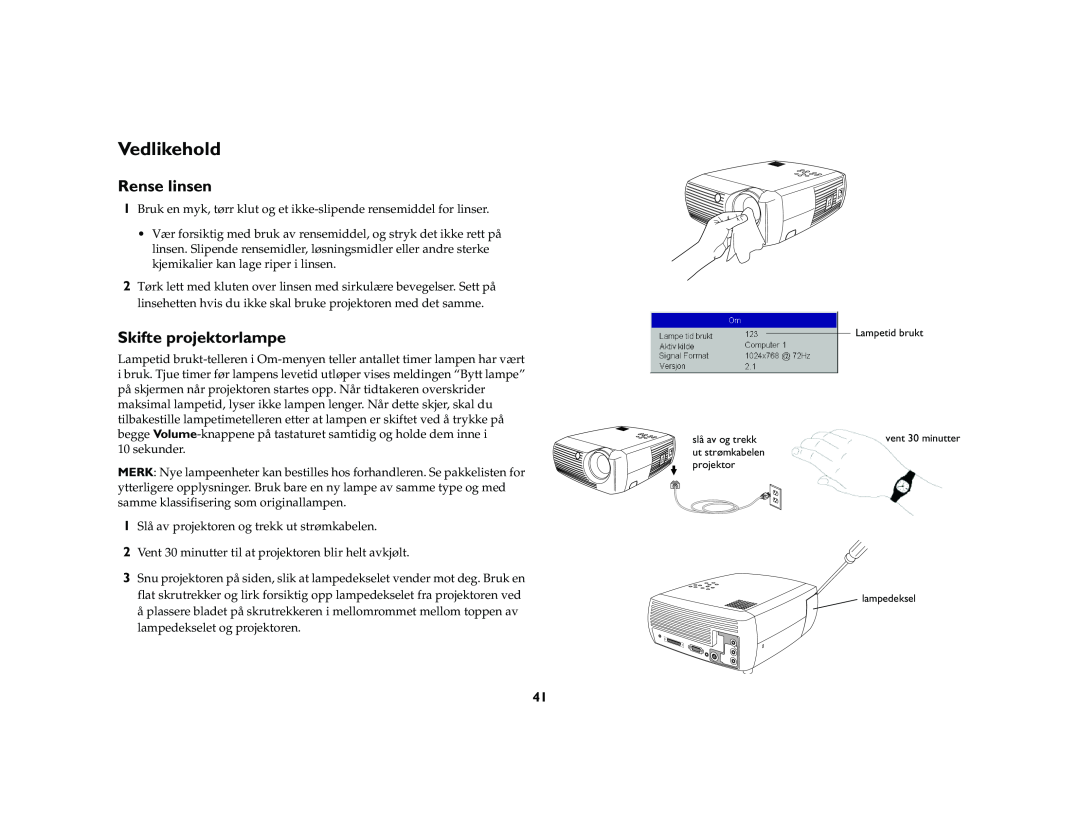 Grundig DLPTM Projector manual Vedlikehold, Rense linsen, Skifte projektorlampe 
