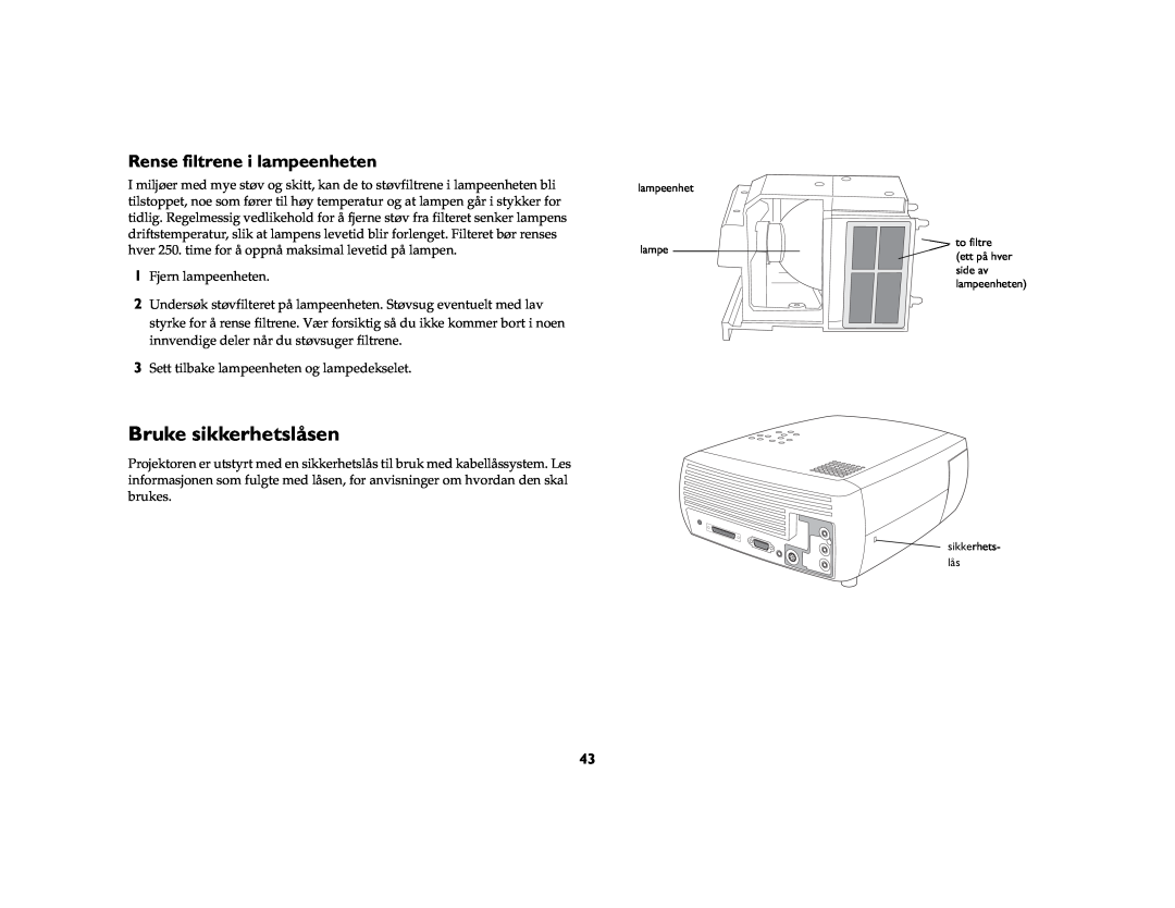 Grundig DLPTM Projector manual Bruke sikkerhetslåsen, Rense filtrene i lampeenheten 