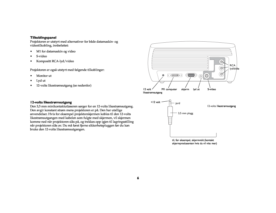 Grundig DLPTM Projector manual Tilkoblingspanel, volts likestrømsutgang 