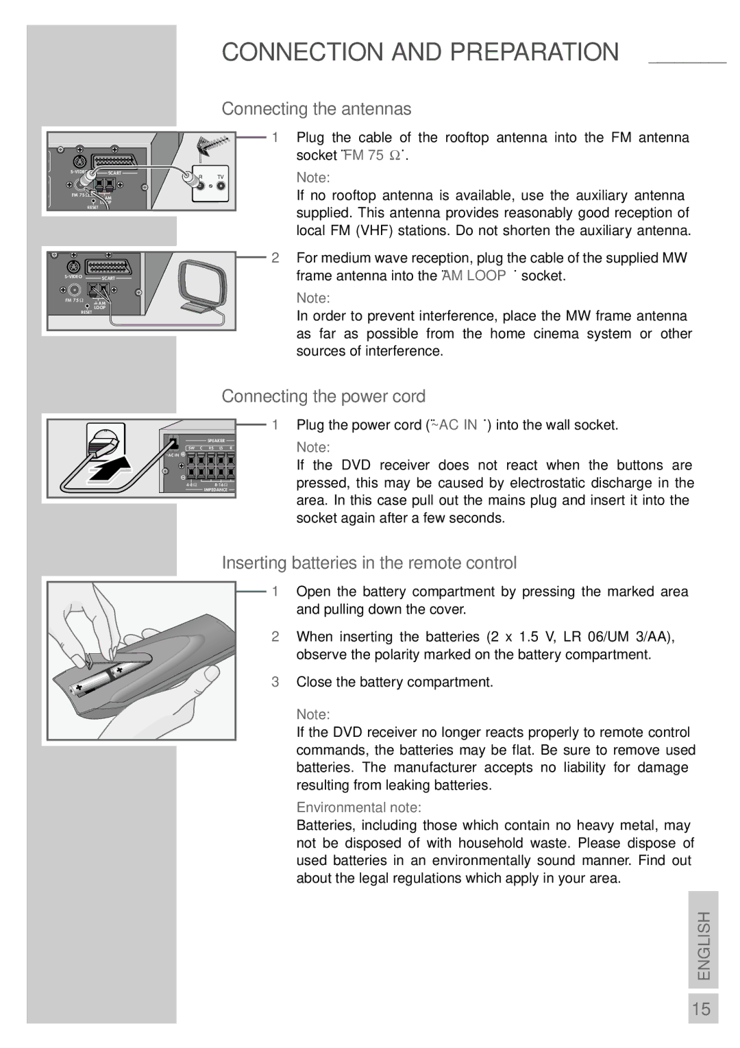 Grundig DR 3400 DD manual Connecting the antennas, Connecting the power cord, Inserting batteries in the remote control 