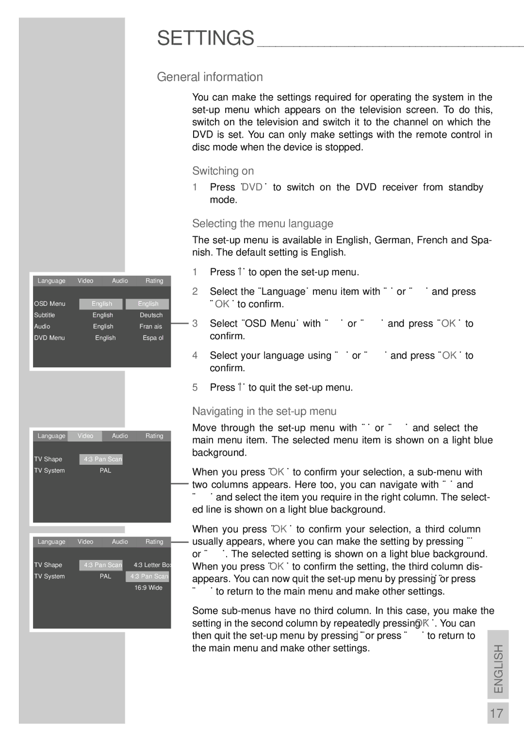 Grundig DR 3400 DD manual General information, Switching on, Selecting the menu language, Navigating in the set-up menu 