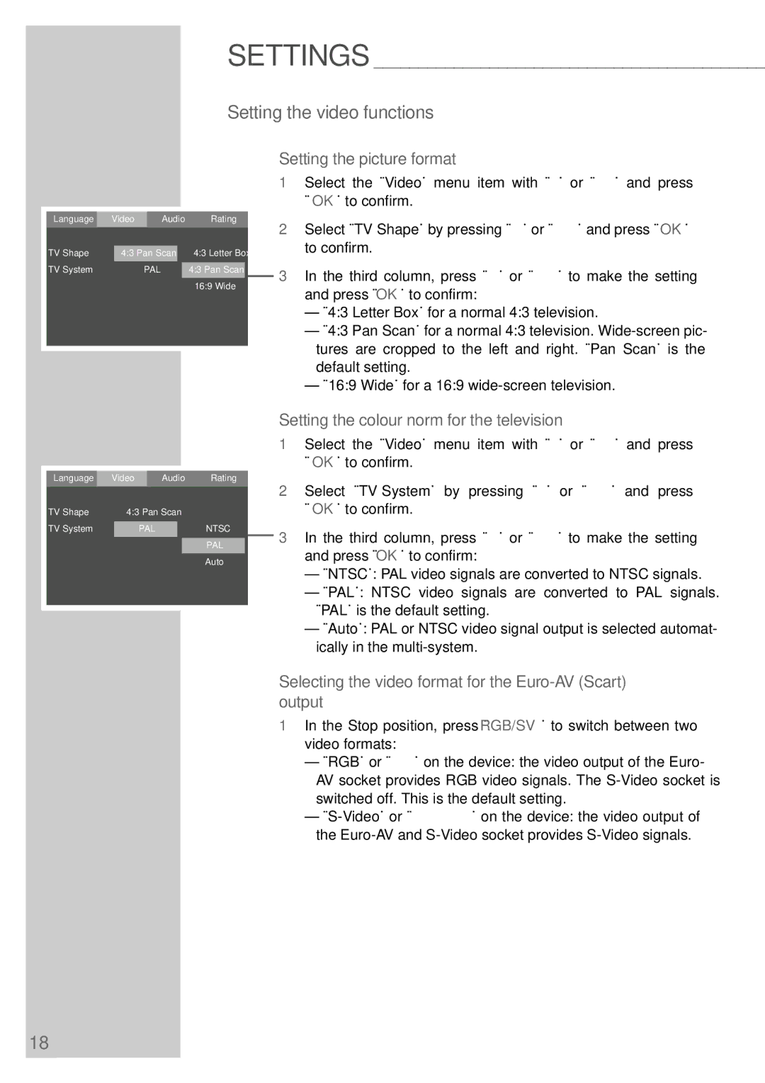 Grundig DR 3400 DD Setting the video functions, Setting the picture format, Setting the colour norm for the television 