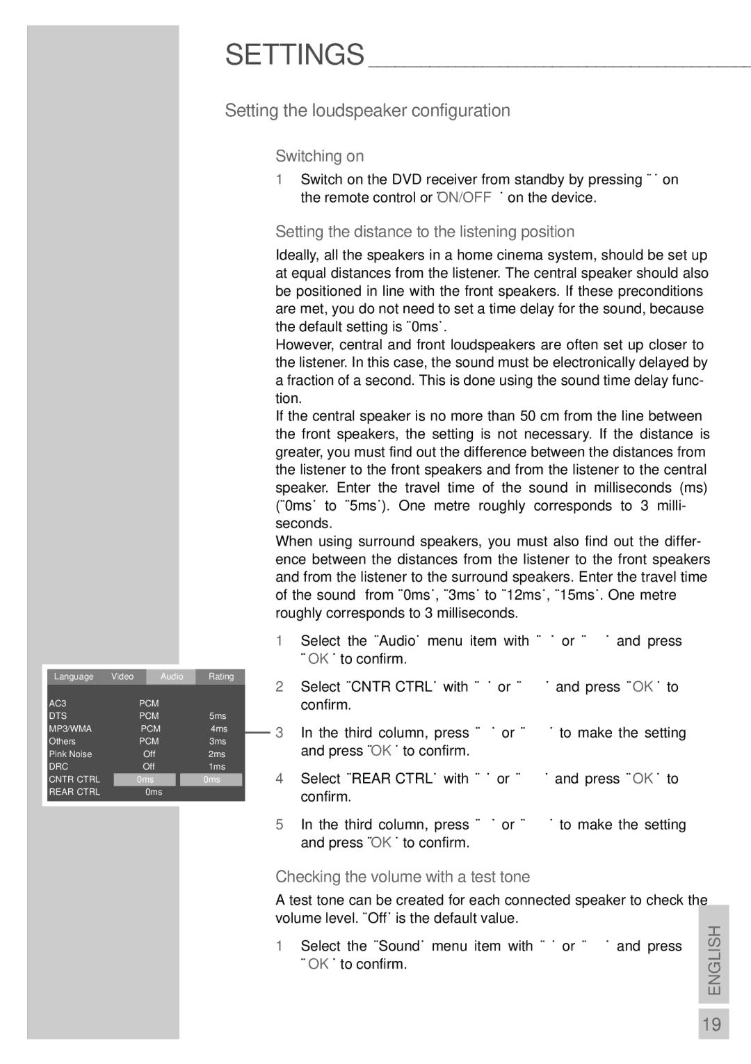 Grundig DR 3400 DD manual Setting the loudspeaker configuration, Setting the distance to the listening position 