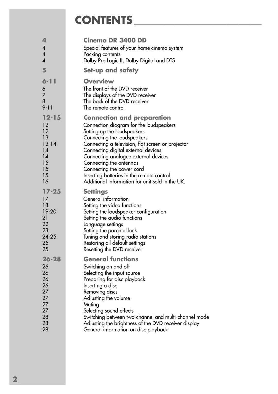 Grundig manual Cinemo DR 3400 DD, Set-up and safety Overview, Connection and preparation, Settings, General functions 