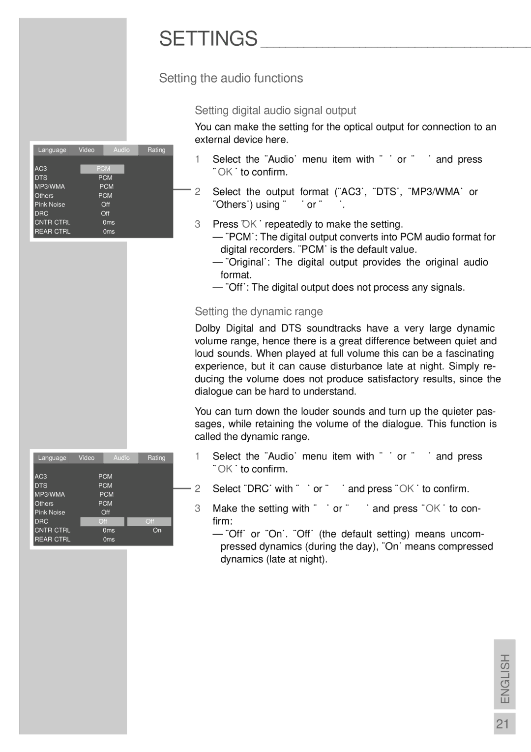 Grundig DR 3400 DD manual Setting the audio functions, Setting digital audio signal output, Setting the dynamic range 