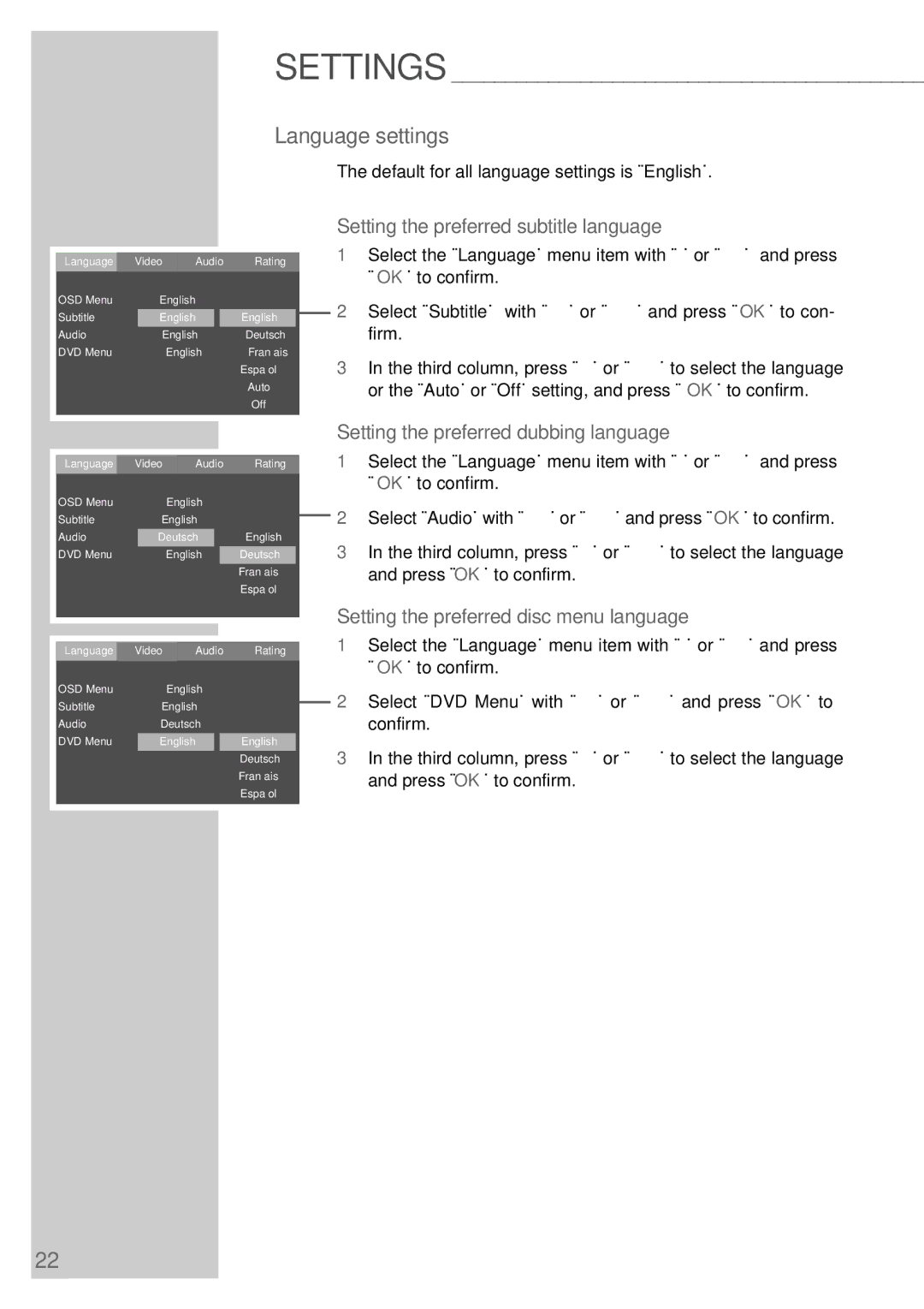 Grundig DR 3400 DD Language settings, Setting the preferred subtitle language, Setting the preferred dubbing language 