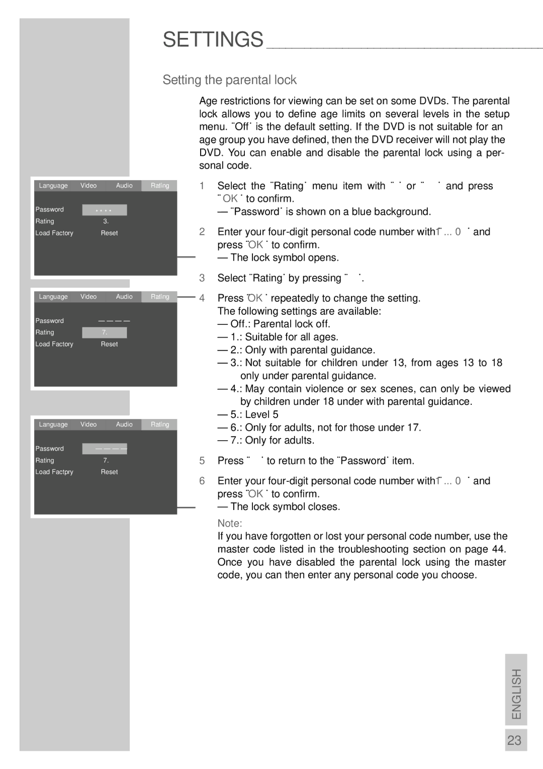 Grundig DR 3400 DD manual Setting the parental lock, Lock symbol closes 