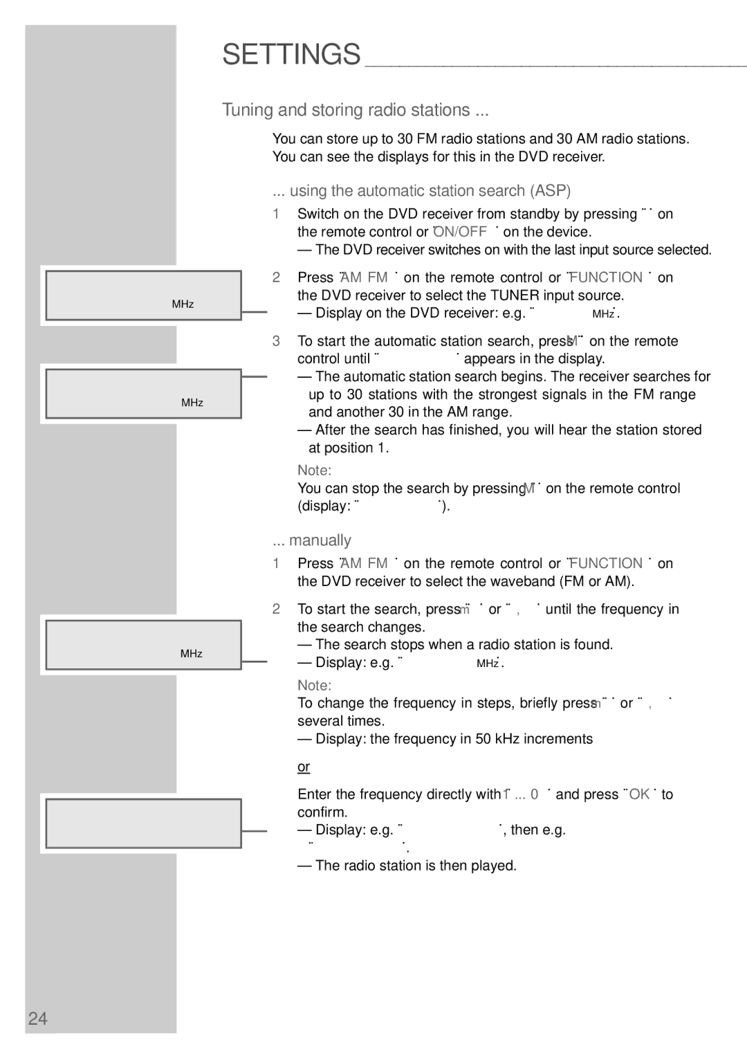 Grundig DR 3400 DD manual Tuning and storing radio stations, Using the automatic station search ASP, Manually 