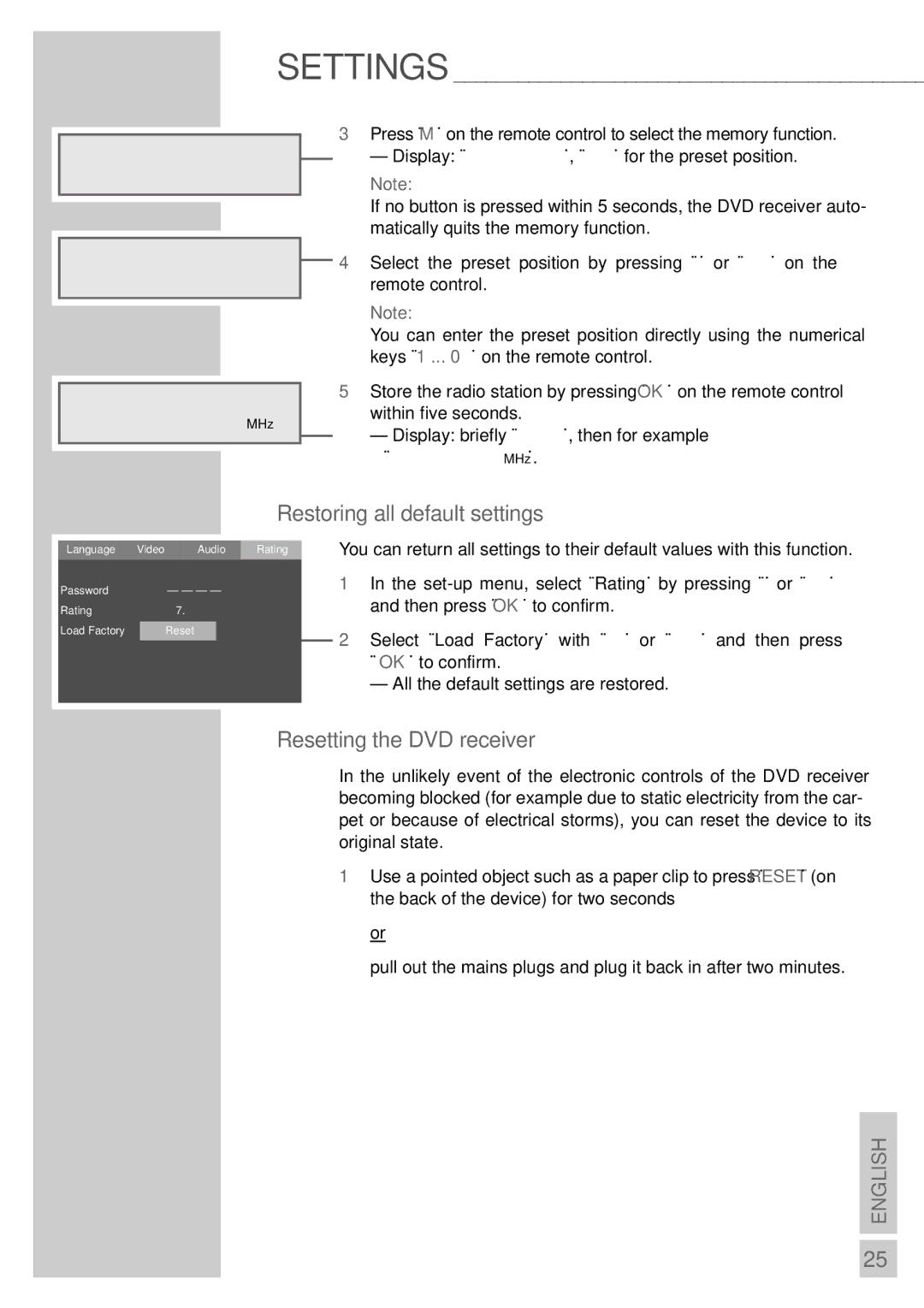 Grundig DR 3400 DD manual Restoring all default settings, Resetting the DVD receiver 