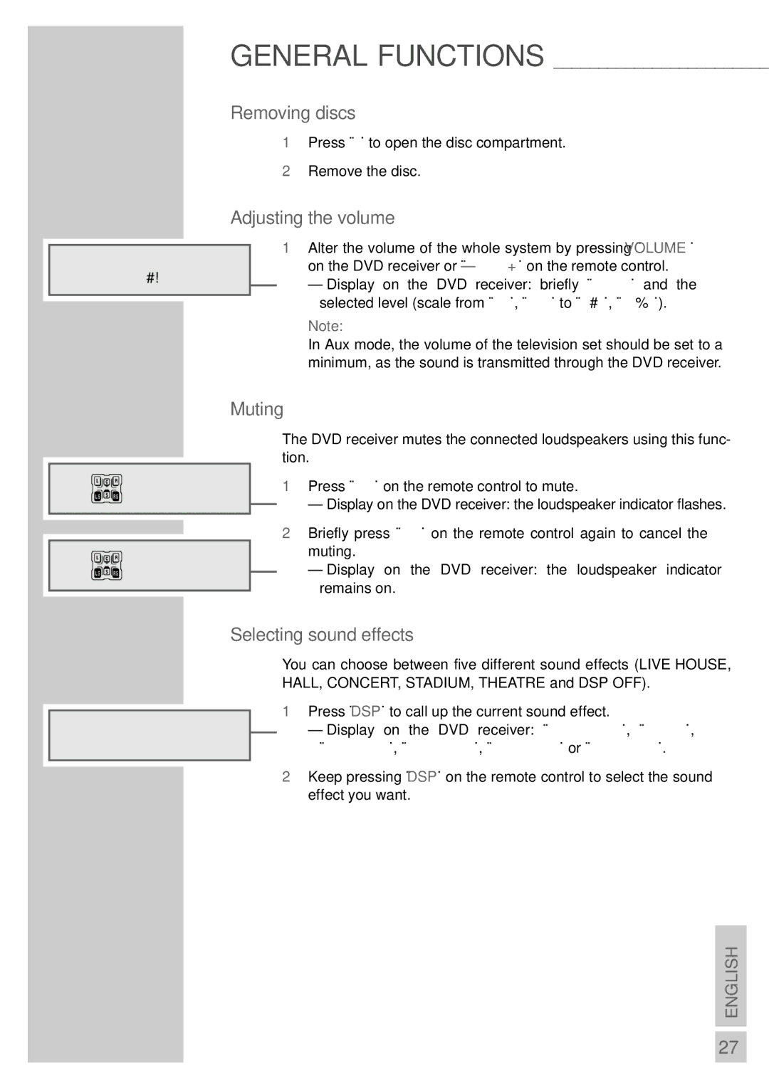 Grundig DR 3400 DD manual Removing discs, Adjusting the volume, Muting, Selecting sound effects 