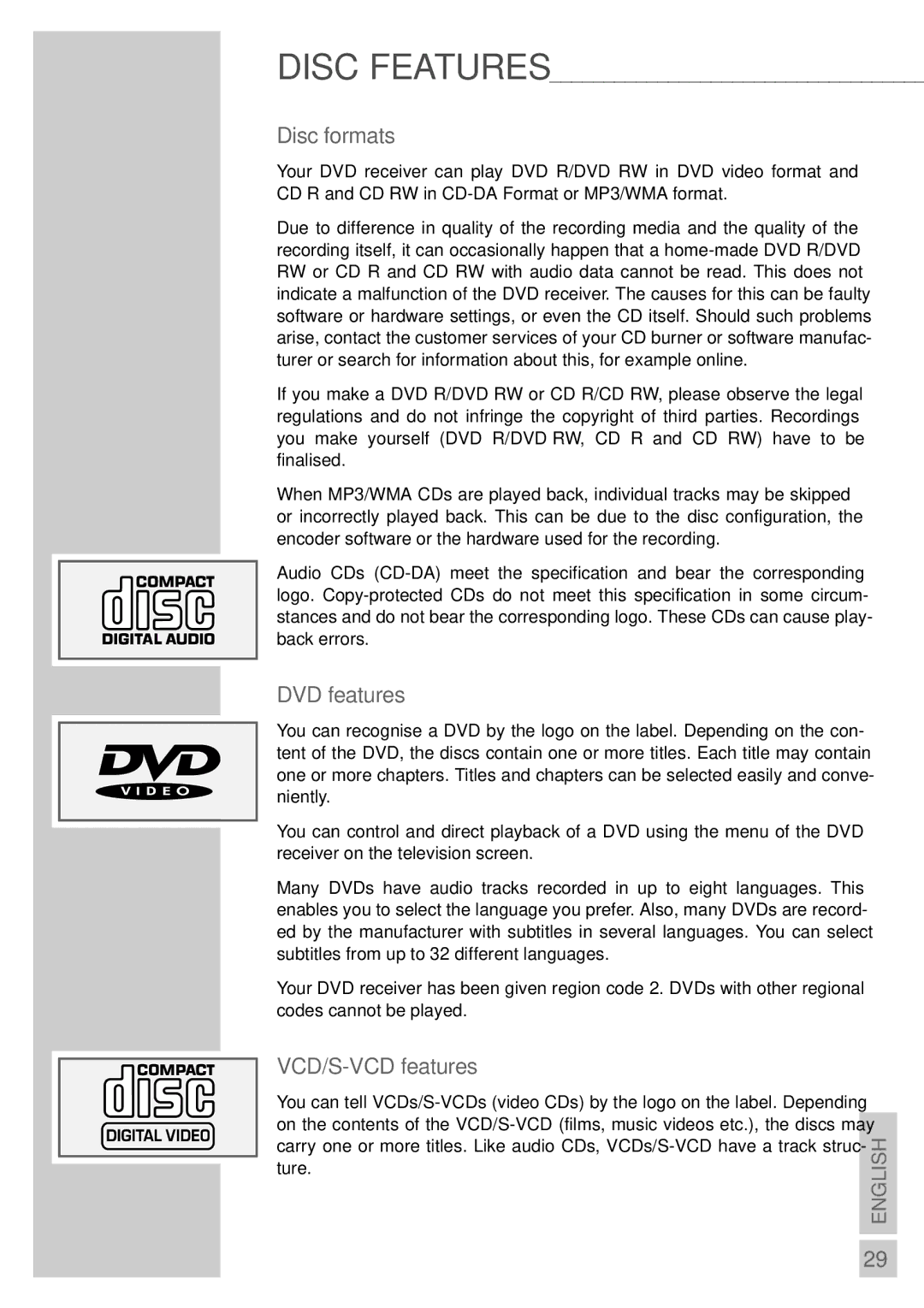 Grundig DR 3400 DD manual Disc formats, DVD features, VCD/S-VCD features 