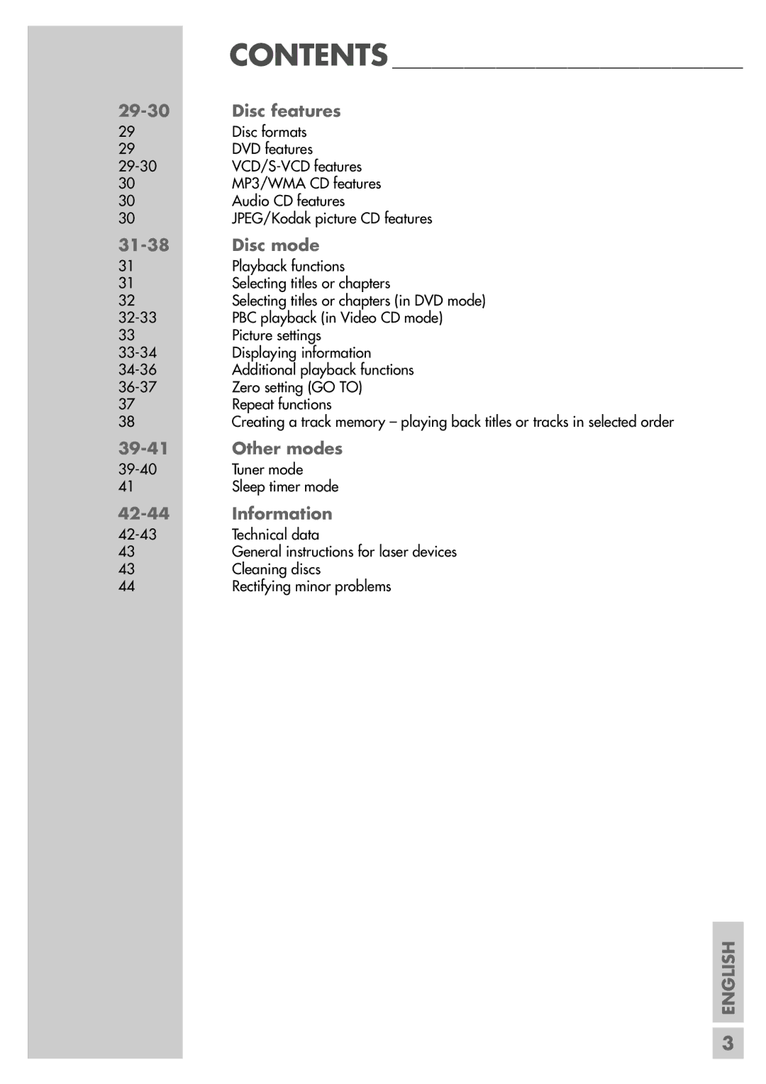 Grundig DR 3400 DD manual Disc features, Disc mode, Other modes, Information 