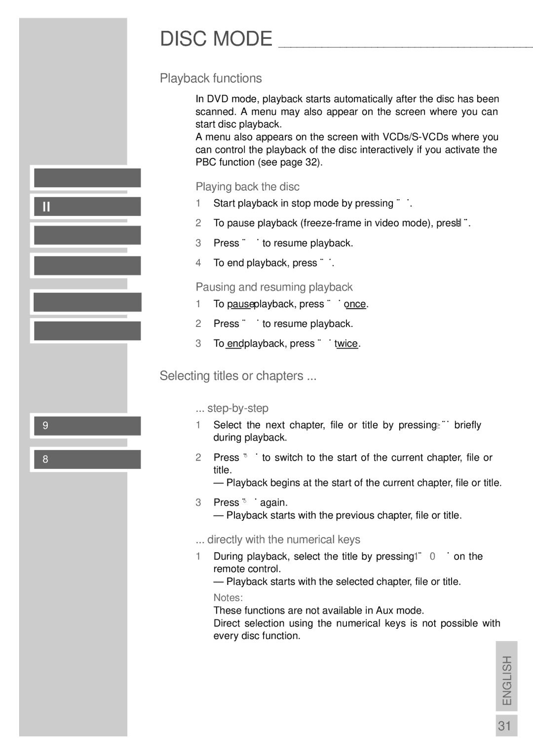 Grundig DR 3400 DD manual Playback functions, Selecting titles or chapters, Pausing and resuming playback, Step-by-step 